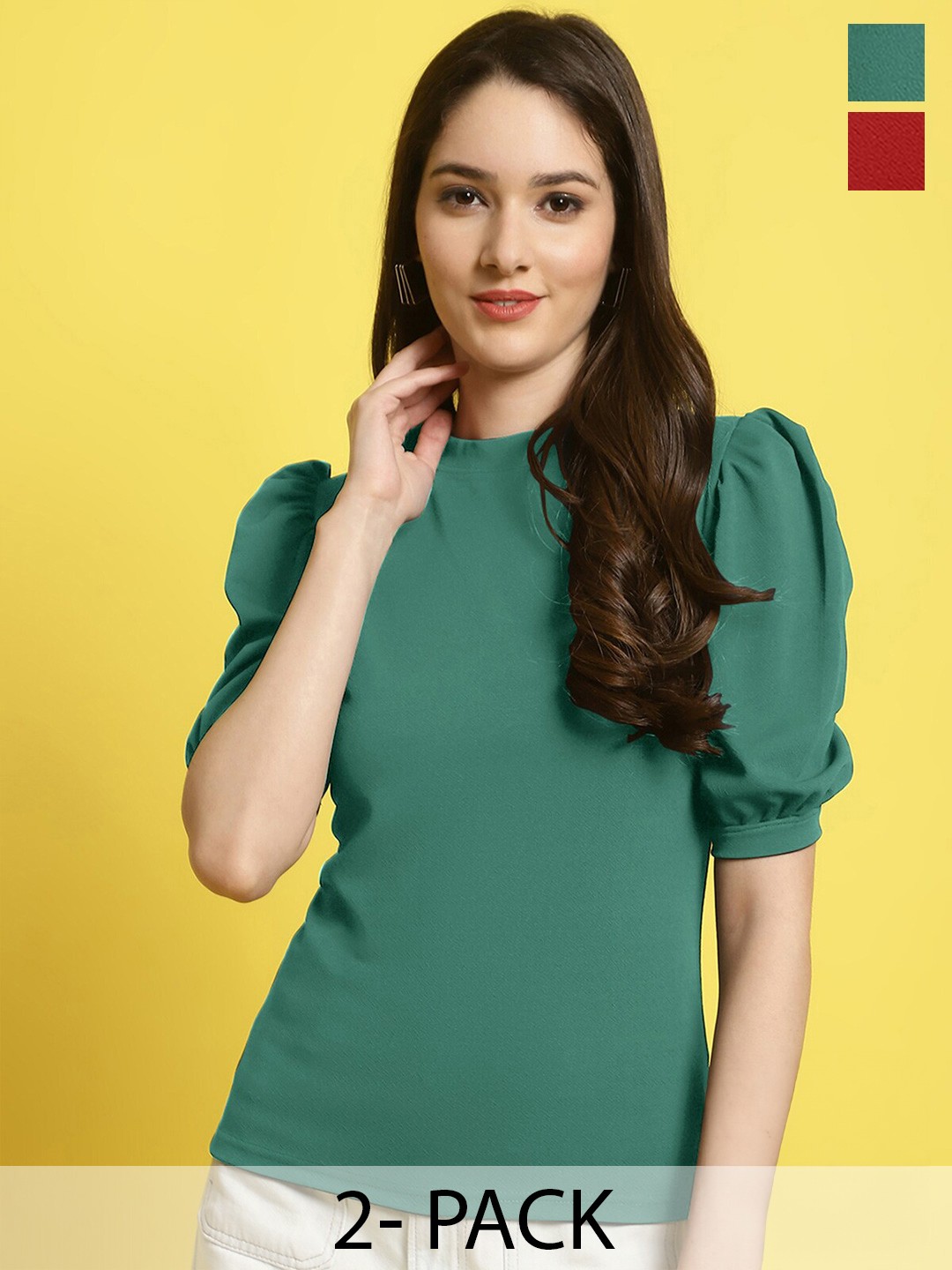 

Fabflee Pack of 2 V-Neck Puff Sleeve Top, Green