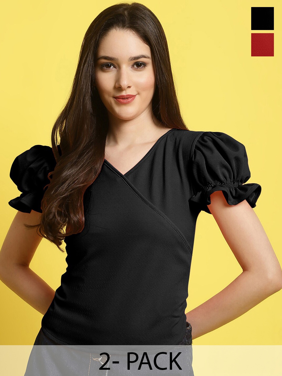 

Fabflee Pack Of 2 Puff Sleeve Top, Black