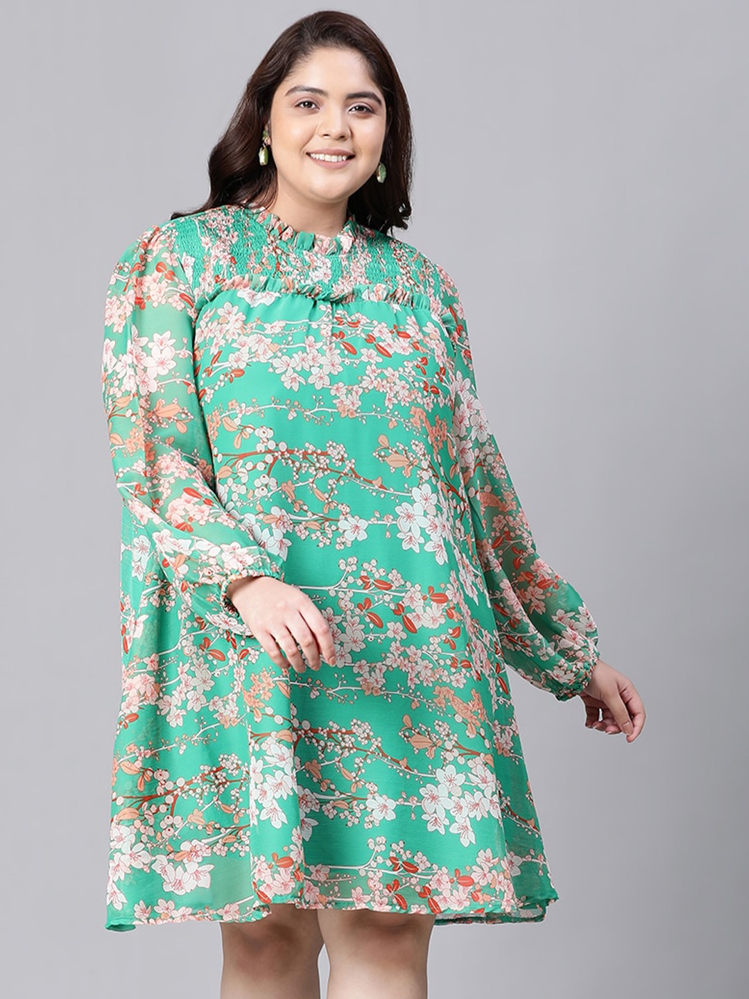 

Oxolloxo Plus Size Floral Printed Puff Sleeves Smocked Chiffon A-Line Dress, Green