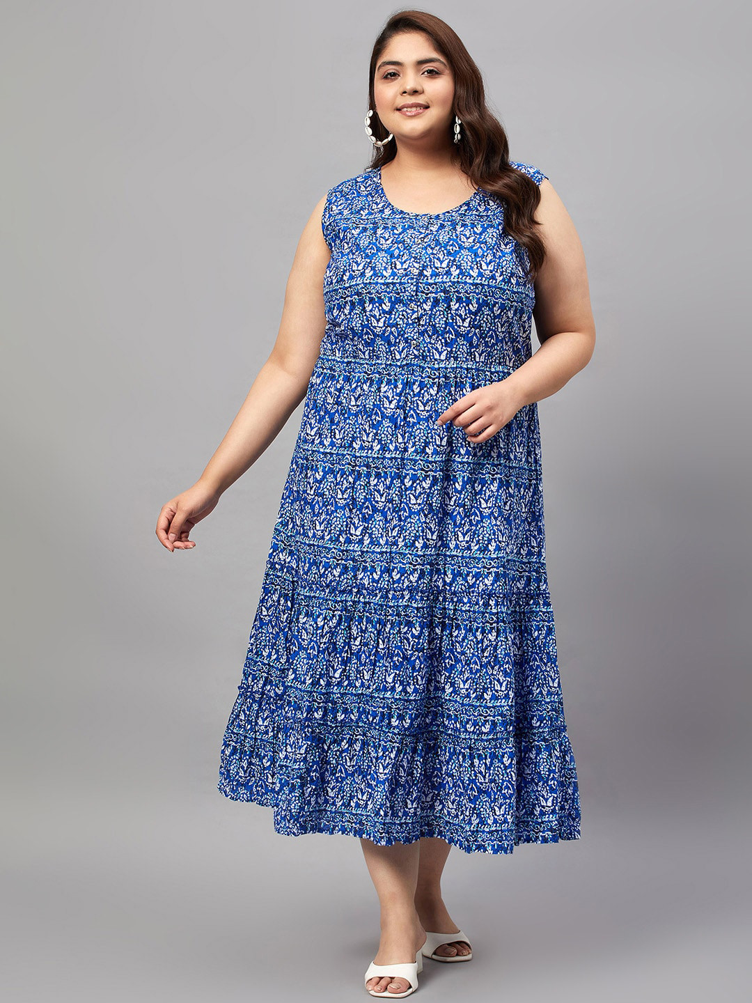 

Oxolloxo Plus Size Floral Print Sleeveless Organic Cotton A-Line Midi Dress, Blue