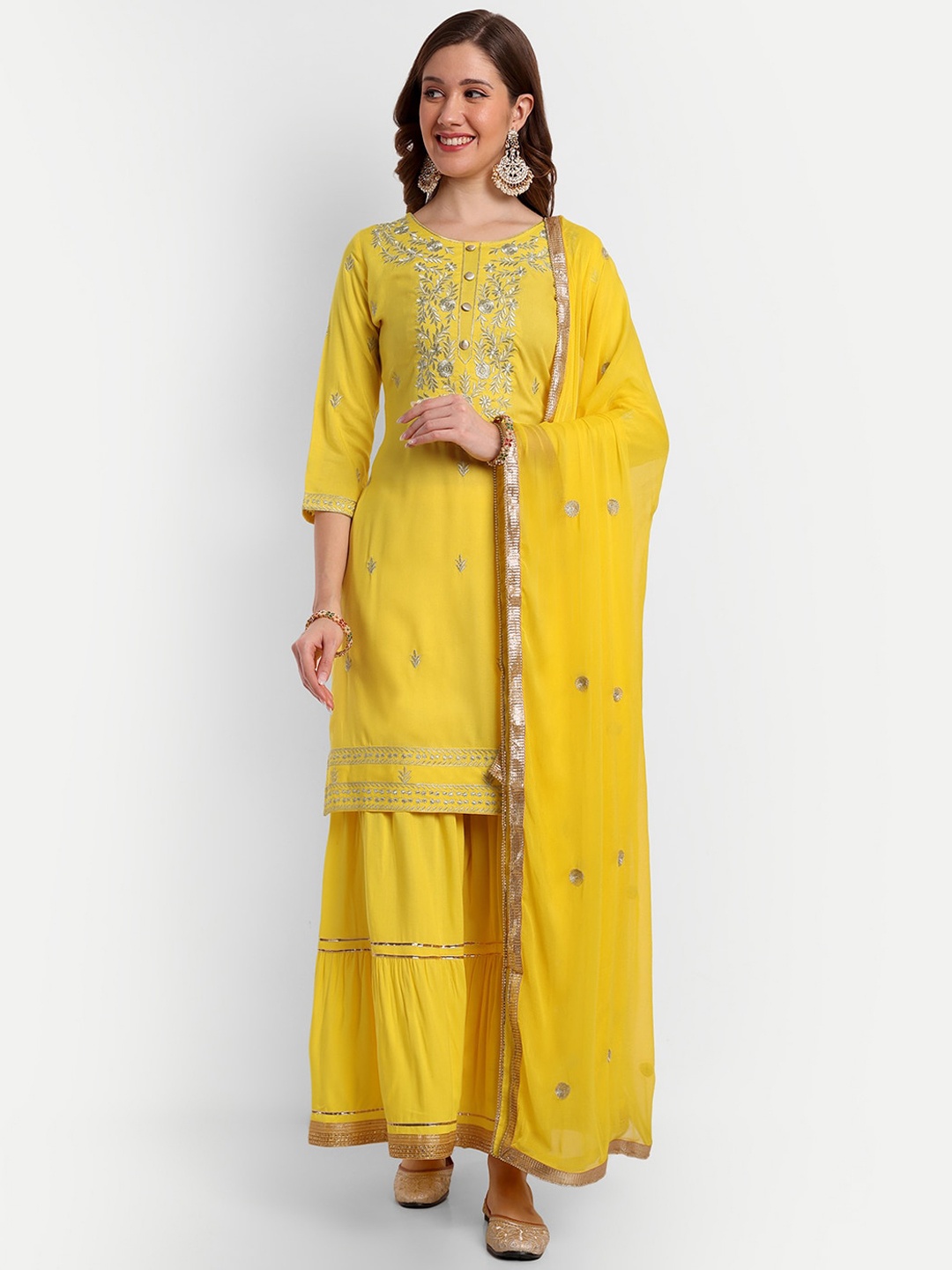 

Amayra Women Ethnic Motifs Embroidered Kurta & Sharara With Dupatta, Yellow