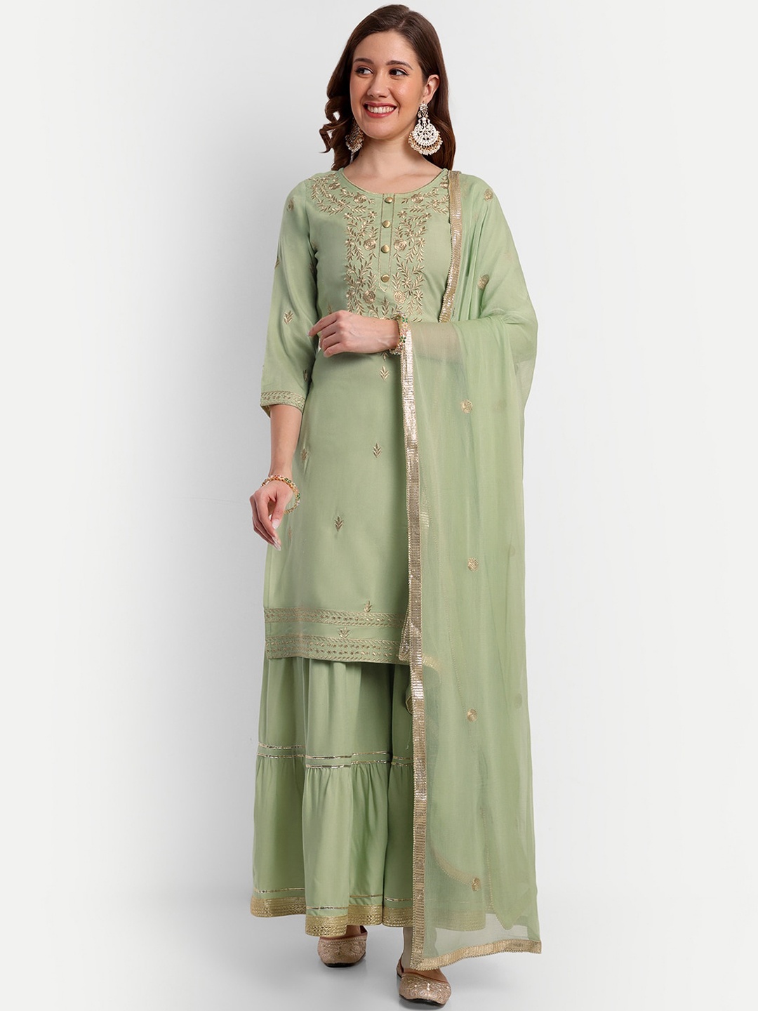 

Amayra Women Ethnic Motifs Embroidered Yoke Design Kurta & Sharara With Dupatta, Green