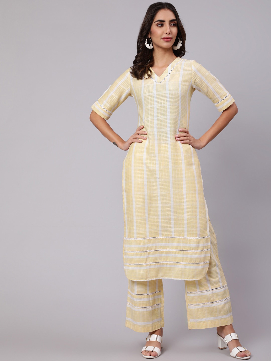 

Jaipur Kurti Checked Pure Cotton Kurta With Palazzos, Yellow