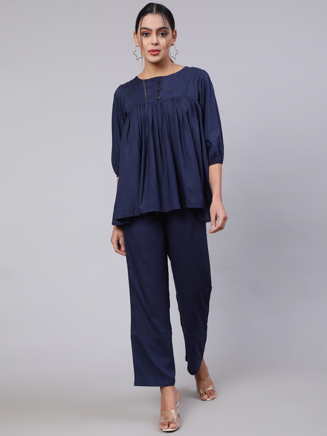 

Jaipur Kurti Round Neck Top With Trousers, Navy blue