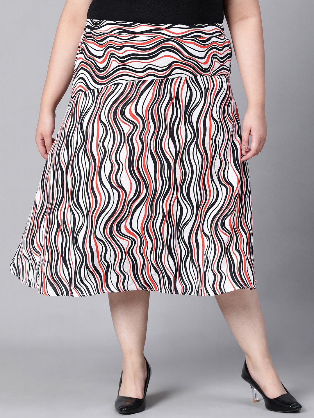 Oxolloxo Plus Size Abstract Printed A-Line Midi Skirt, White