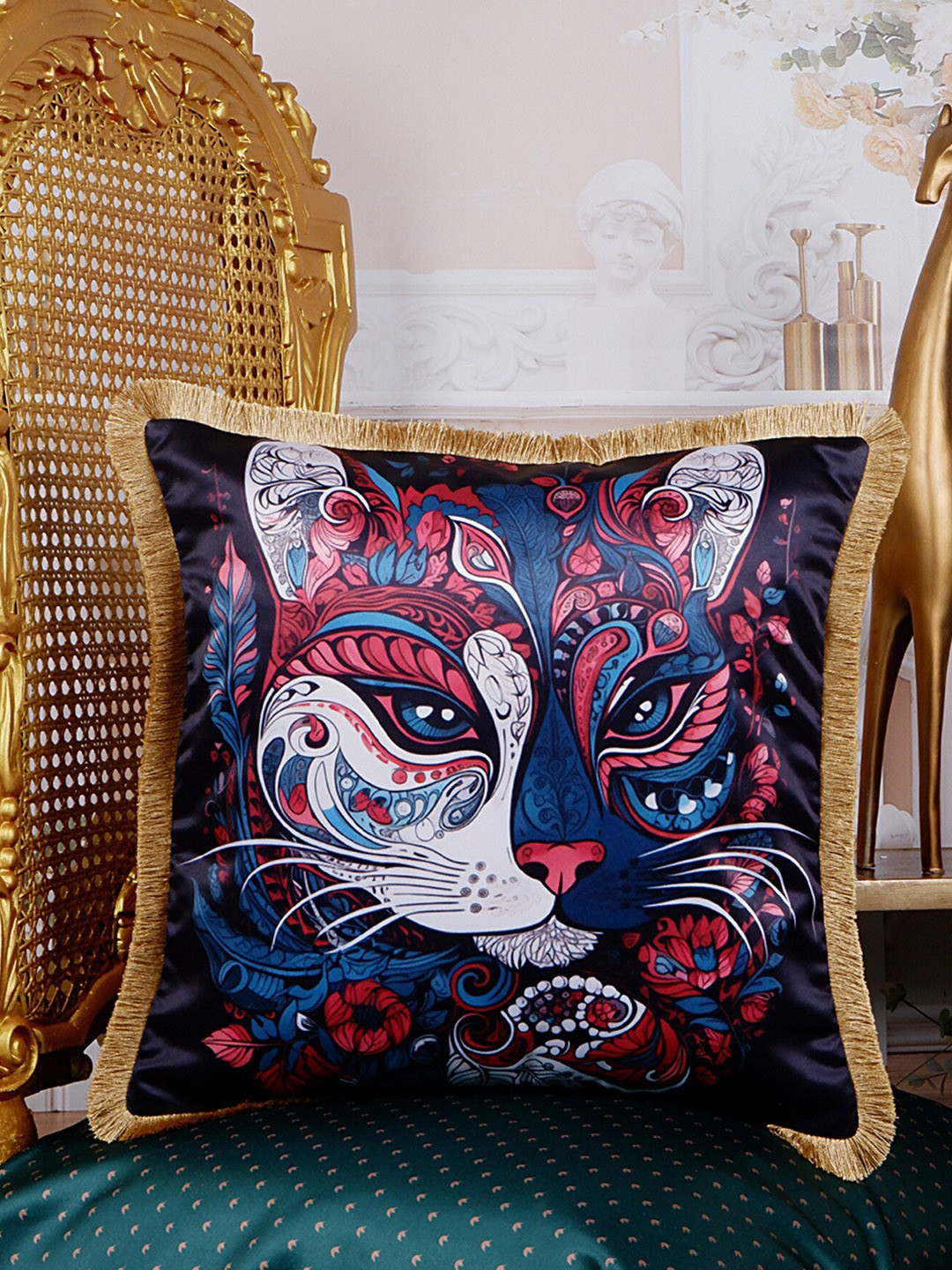 

THE WHITE INK DECOR Royale Green & Blue Ethnic Motifs Satin Square Cushion Cover