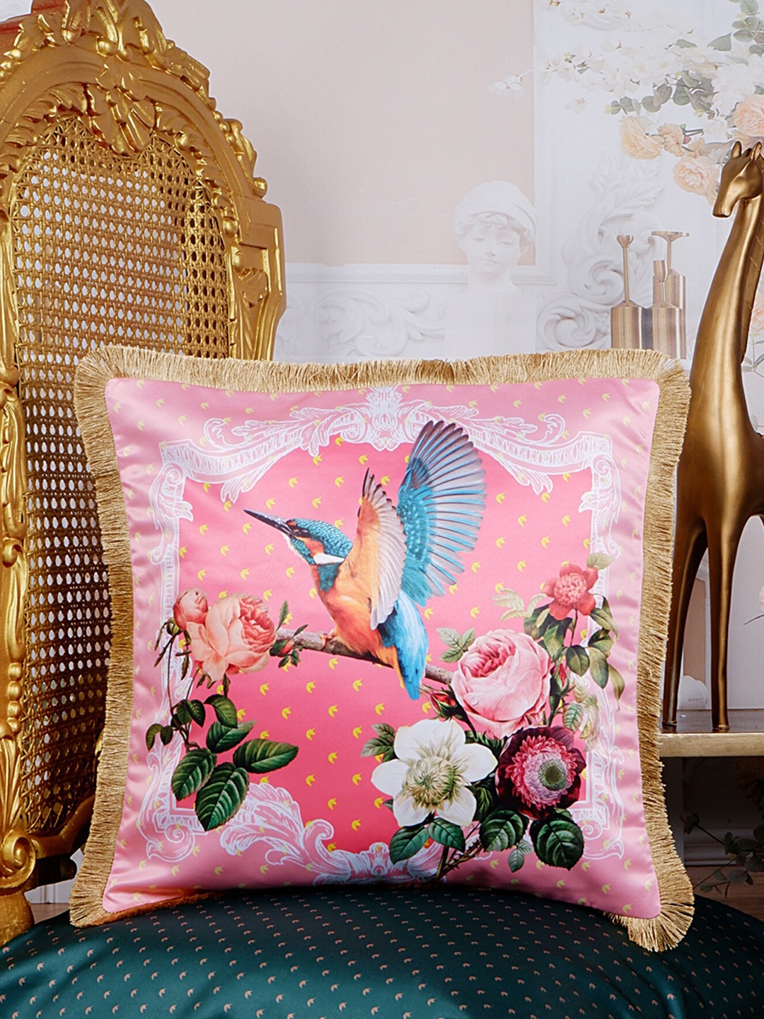 

THE WHITE INK DECOR Pink & Green Tropical Paradise Satin Square Cushion Cover