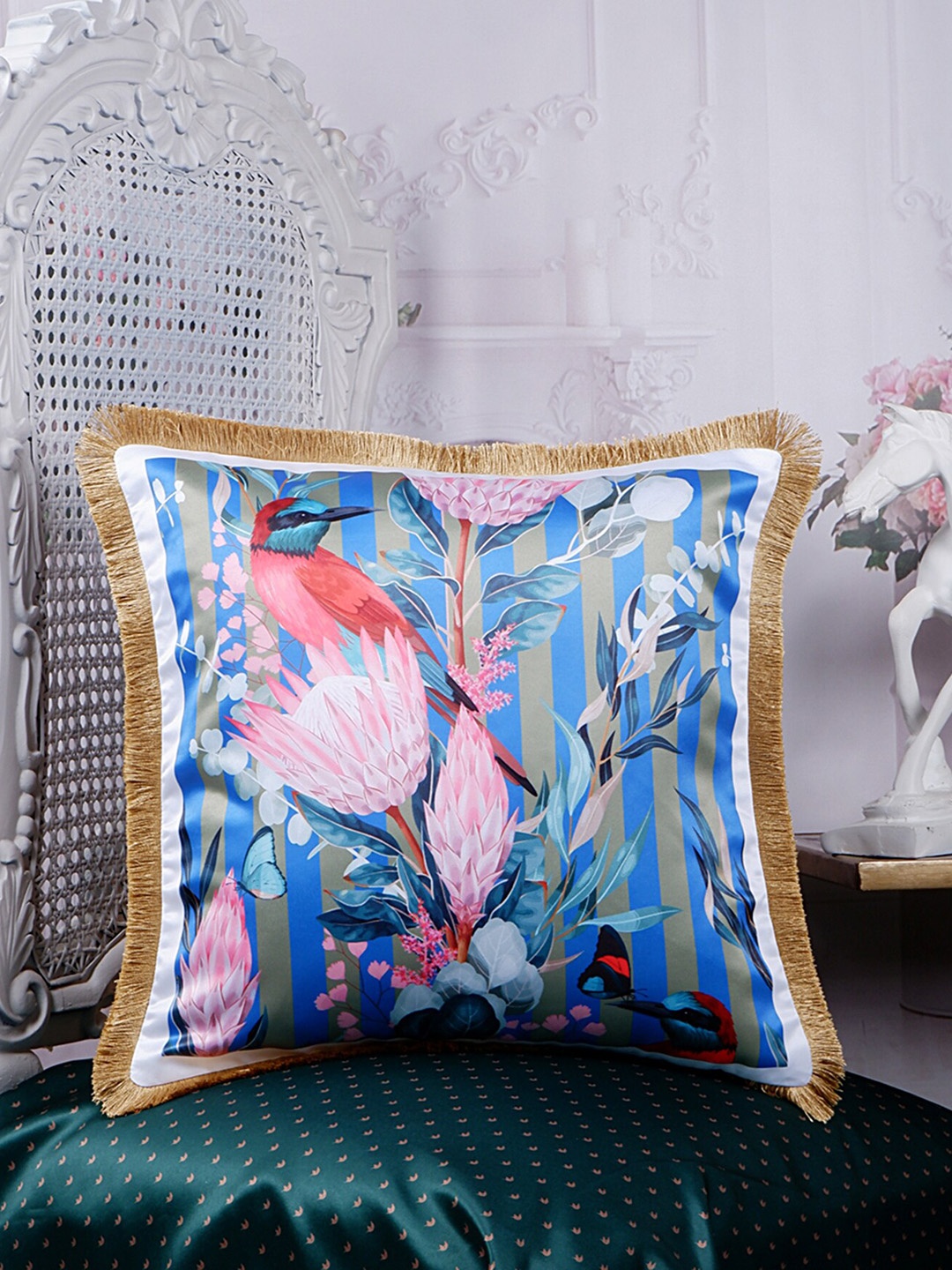 

THE WHITE INK DECOR Blue & Pink Floral Satin Square Cushion Cover