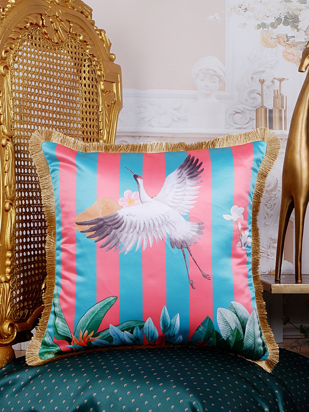 

THE WHITE INK DECOR Tropical Elegance Green & Blue Quirky Satin Square Cushion Cover