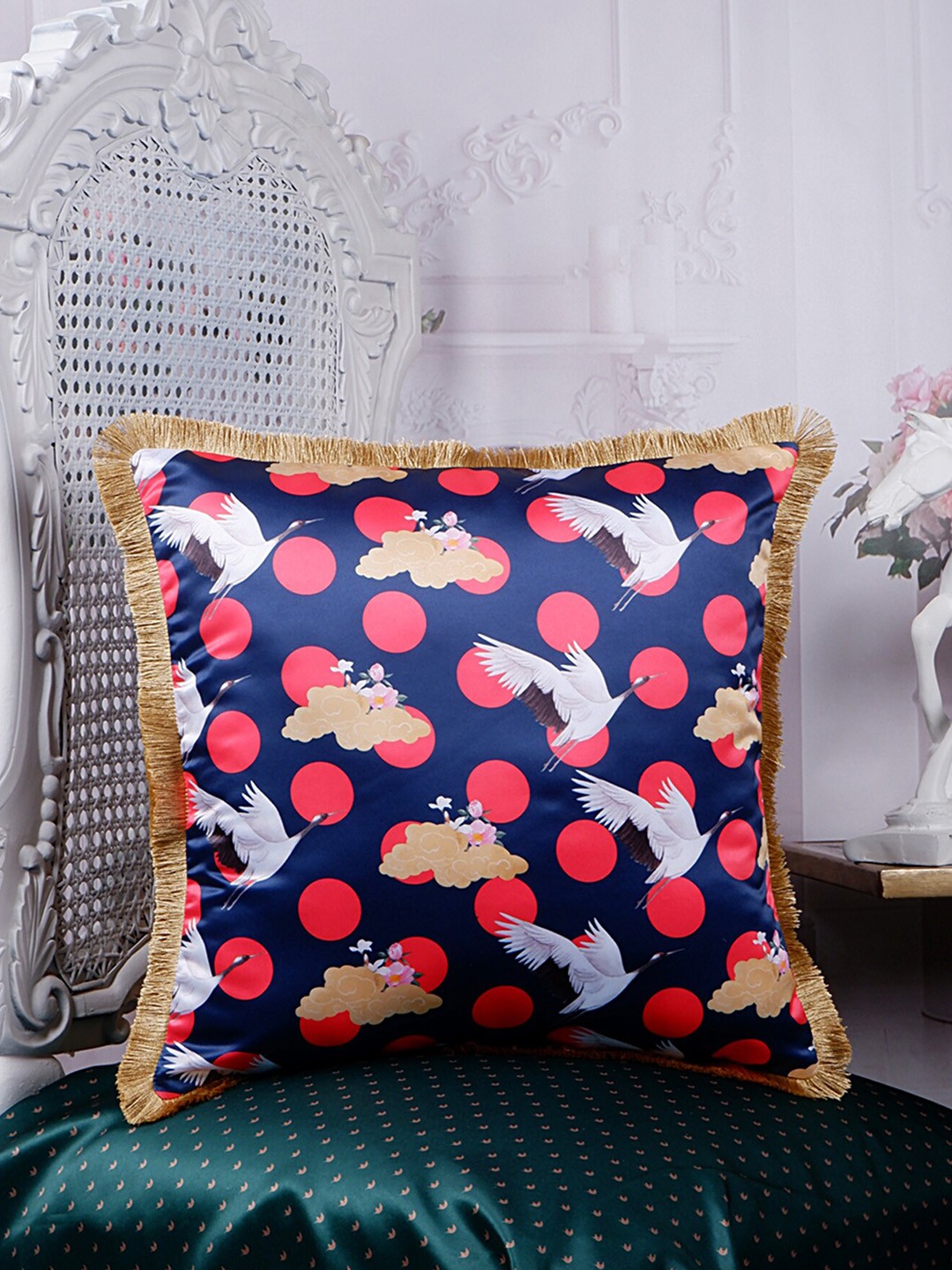 

THE WHITE INK DECOR Eden Brown & Blue Floral Satin Square Cushion Cover