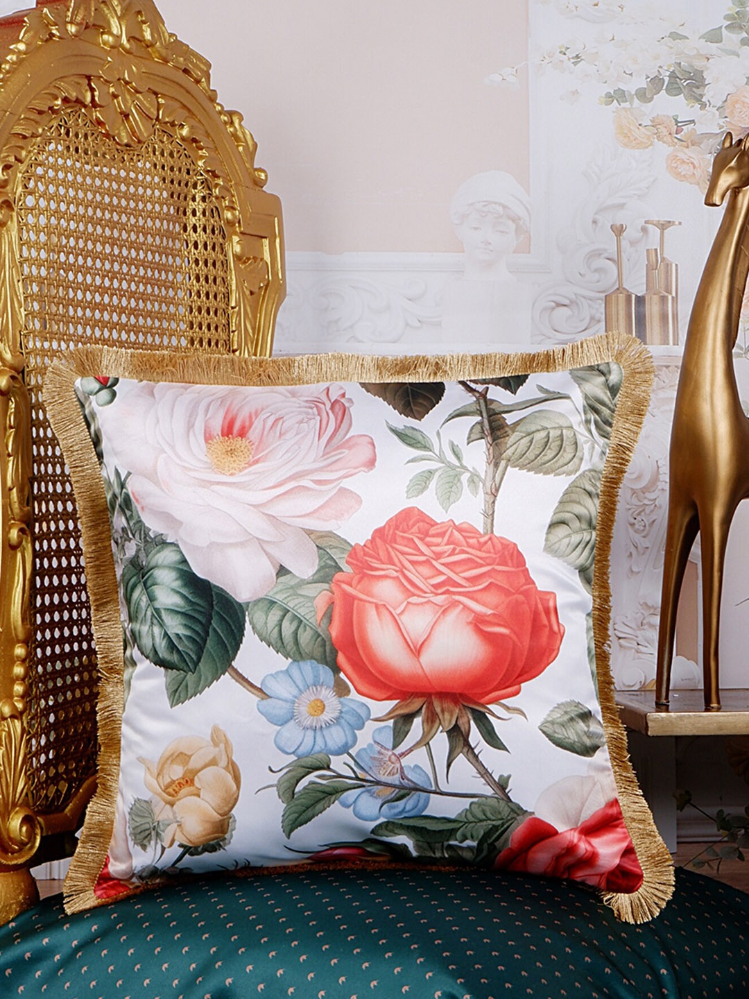 

THE WHITE INK DECOR Eden White & Green Floral Satin Square Cushion Cover