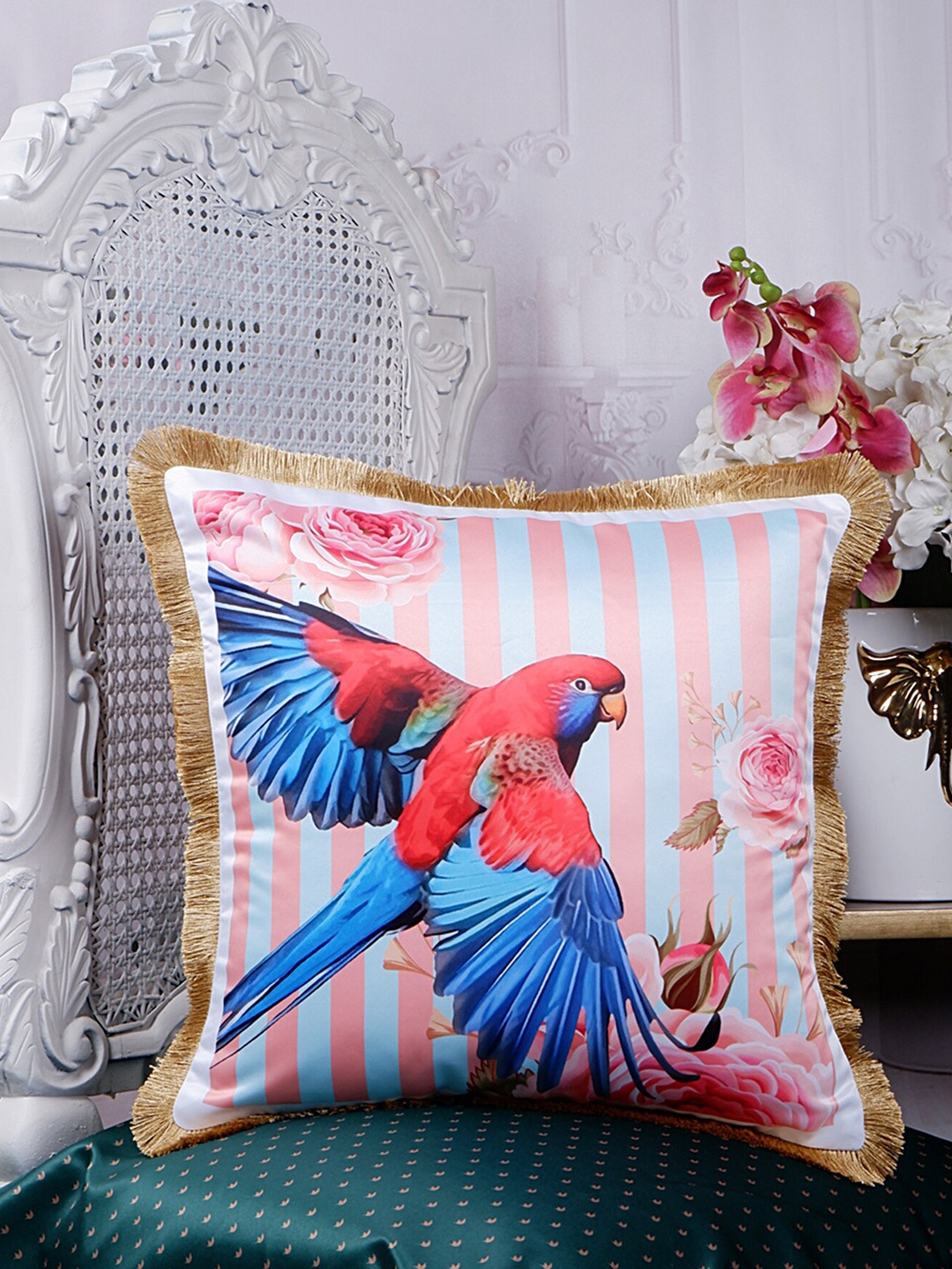 

THE WHITE INK DECOR Tropical Elegance Blue & Pink Floral Satin Square Cushion Cover