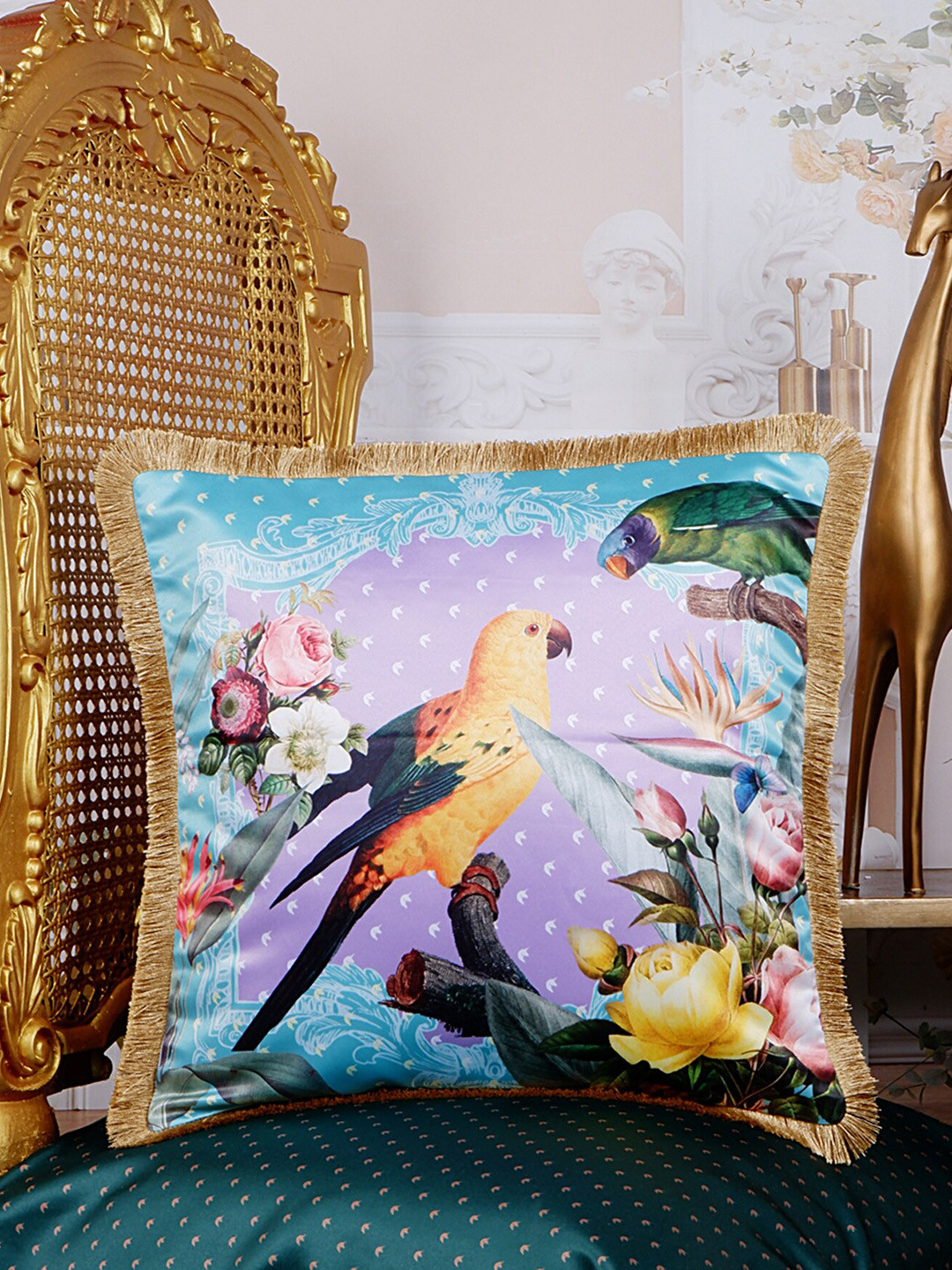 

THE WHITE INK DECOR Blue & Yellow Tropical Paradise Satin Square Cushion Cover