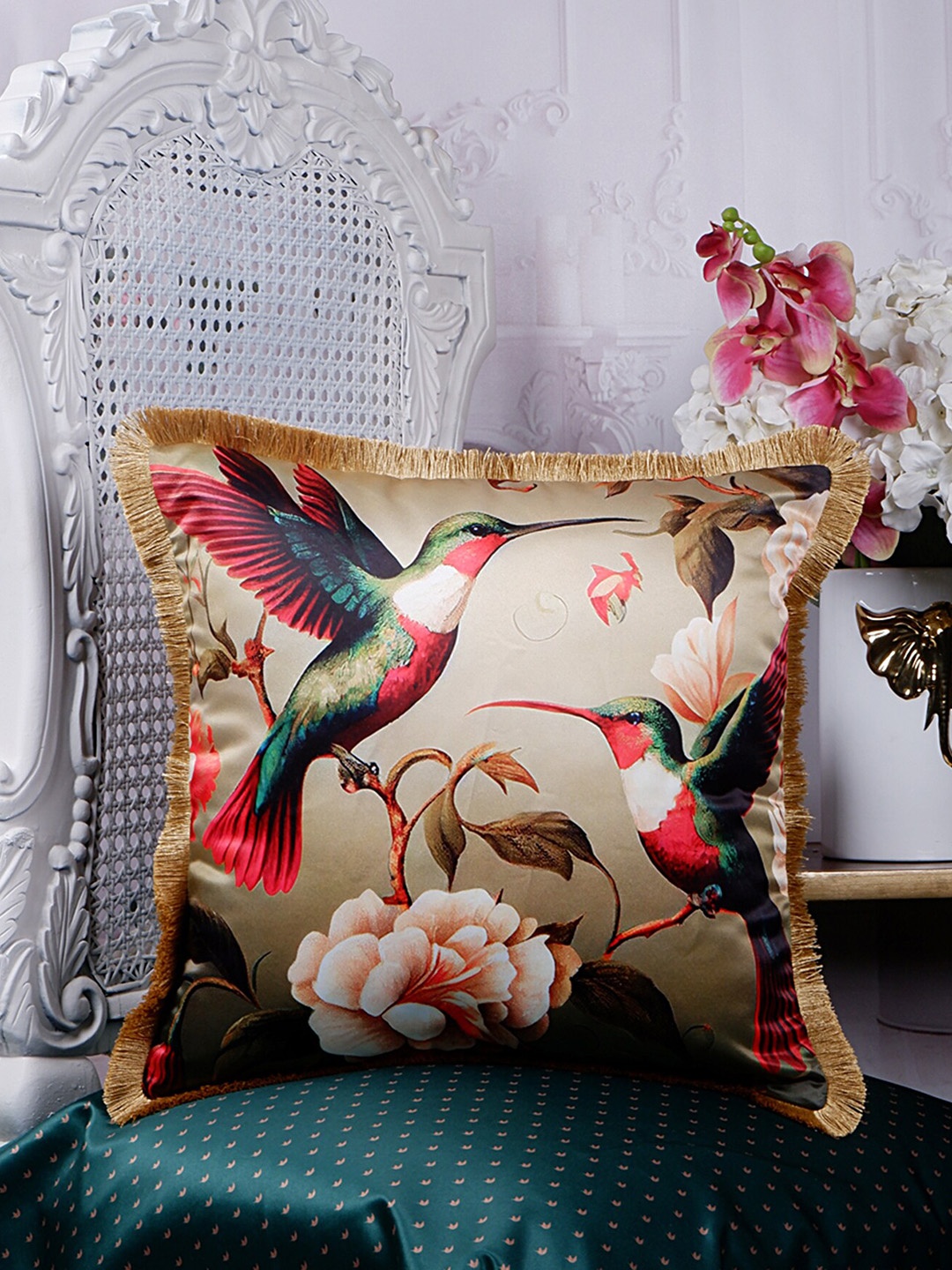 

THE WHITE INK DECOR Grey & Red Floral Satin Square Cushion Cover