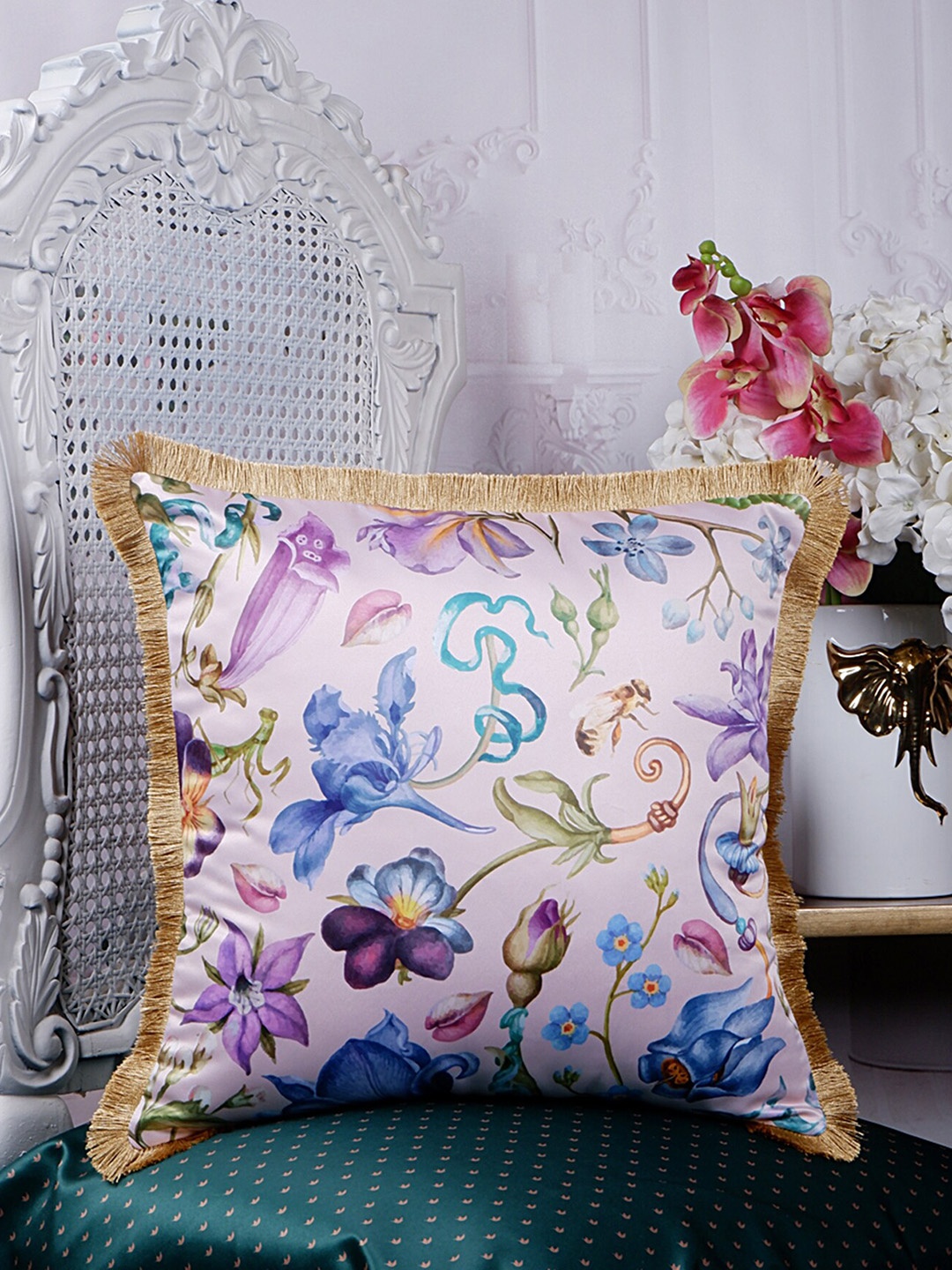 

THE WHITE INK DECOR Eden Purple & Blue Floral Satin Square Cushion Cover