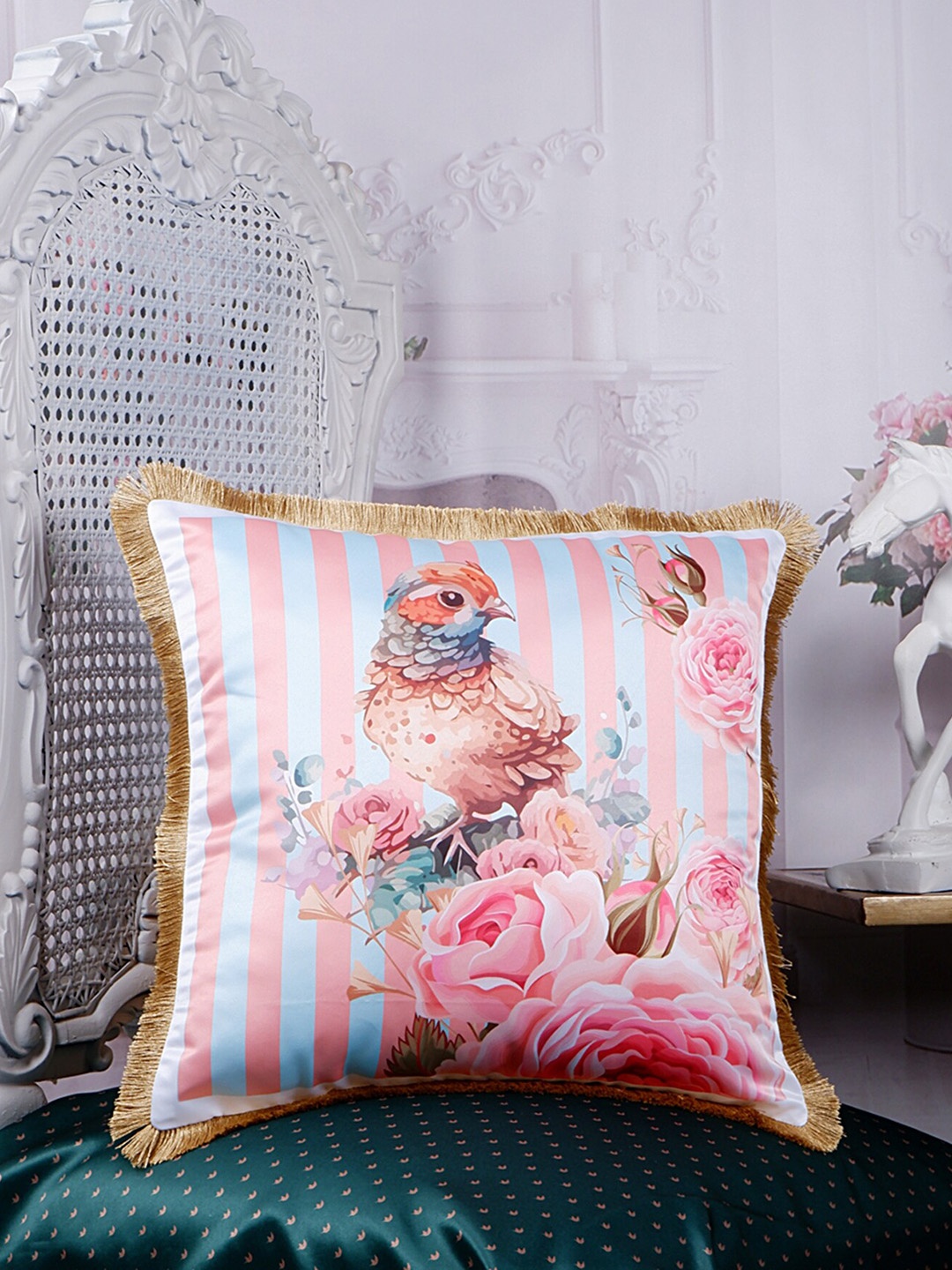 

THE WHITE INK DECOR Pink & Blue Tropical Paradise Satin Square Cushion Cover