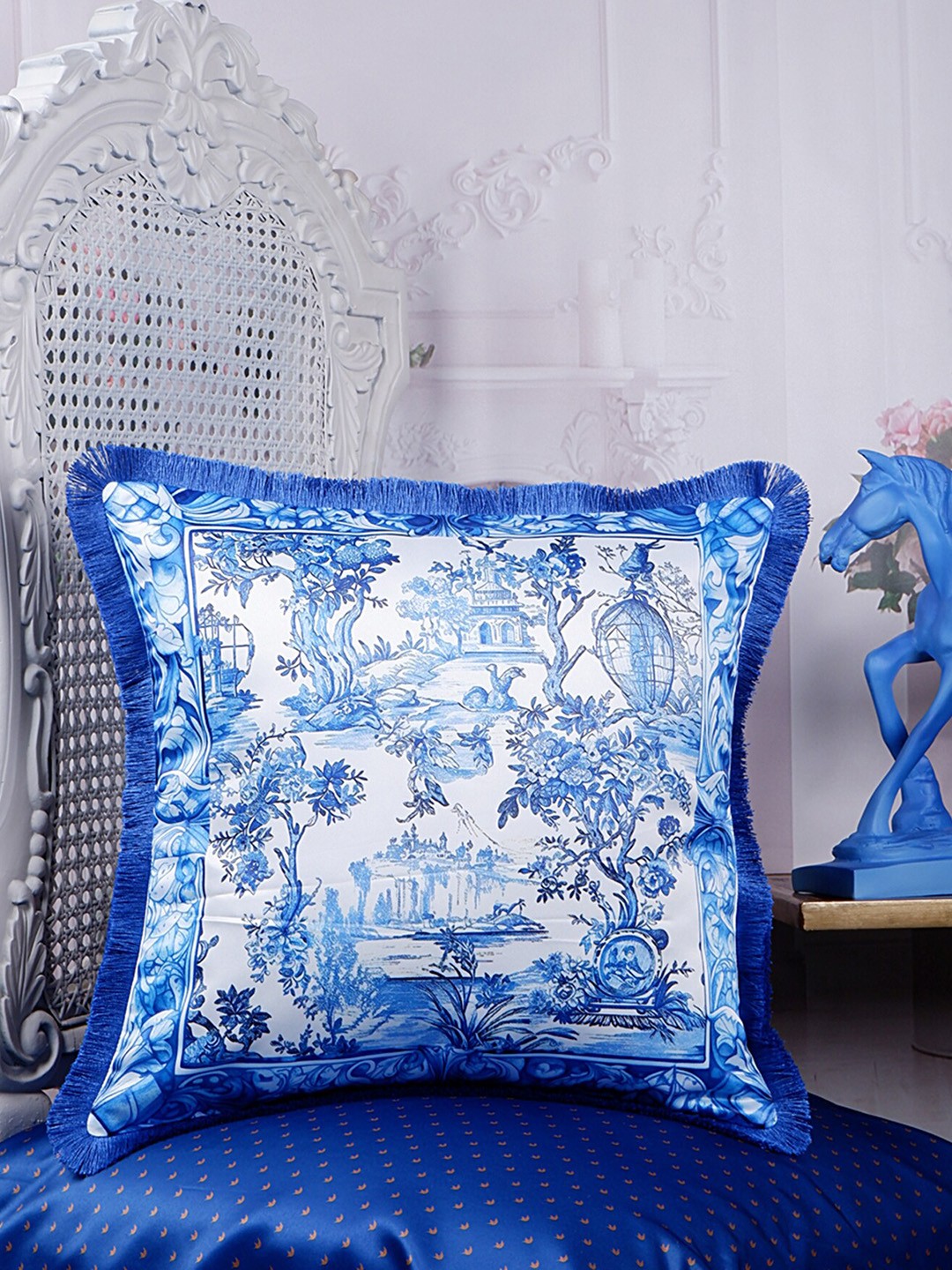 

THE WHITE INK DECOR White & Blue Ethnic Motifs Satin Square Cushion Cover