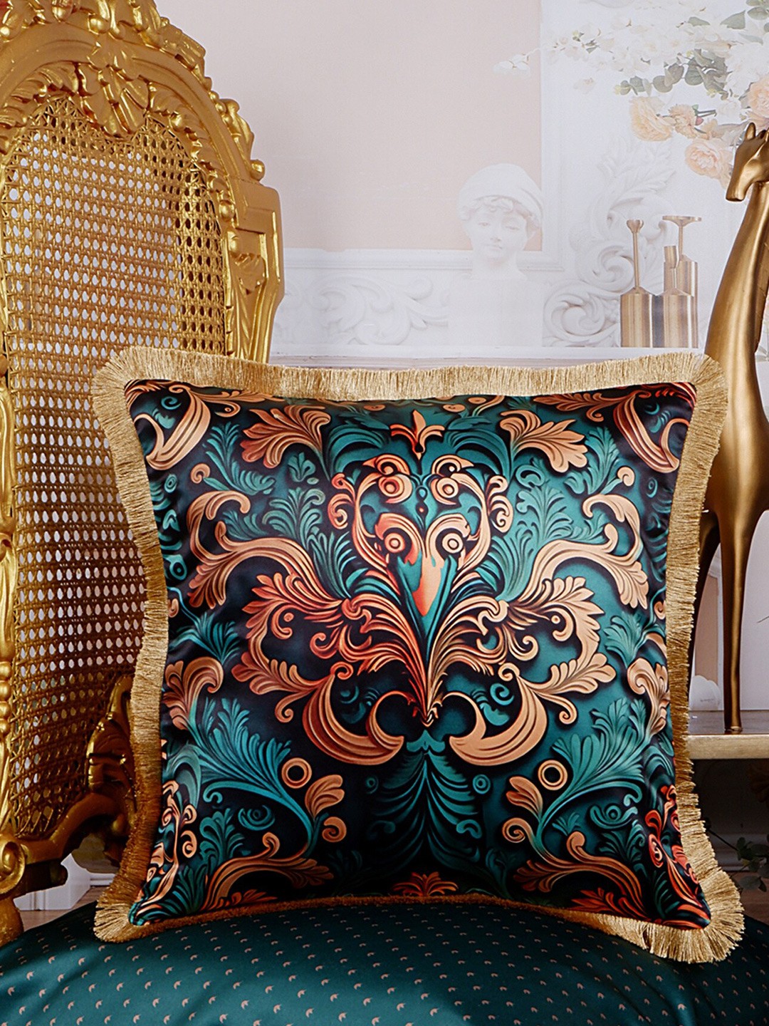 

THE WHITE INK DECOR Royale Green & Brown Ethnic Motifs Satin Square Cushion Cover