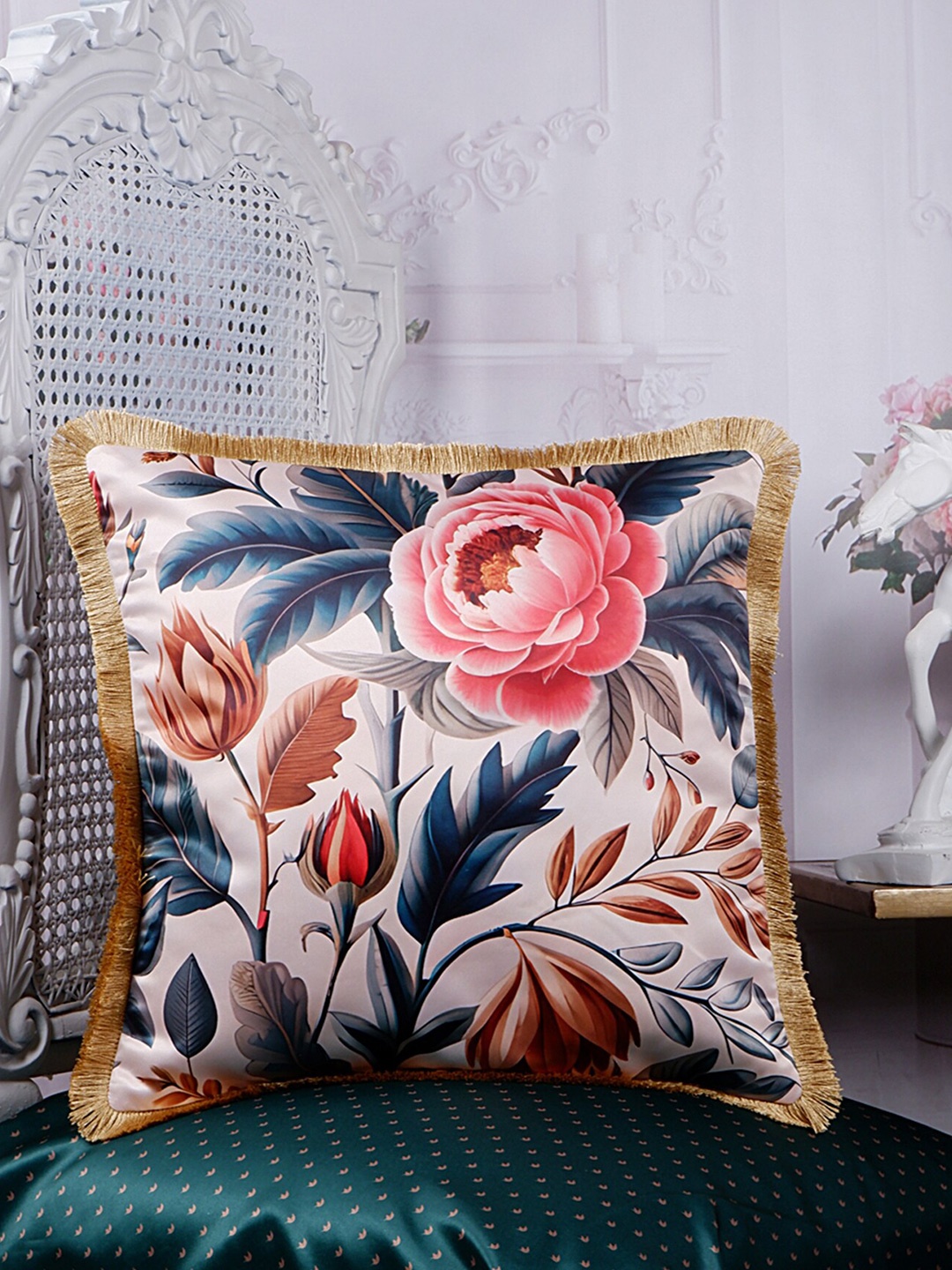 

THE WHITE INK DECOR Eden Pink & Blue Floral Satin Square Cushion Cover
