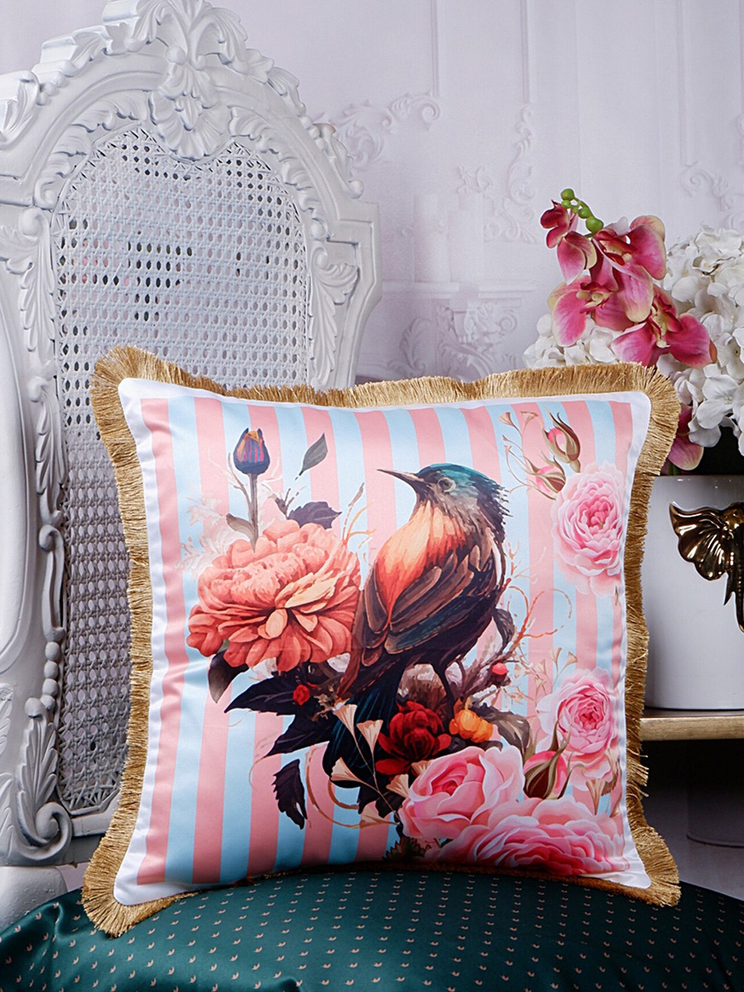 

THE WHITE INK DECOR Tropical Elegance Brown & Blue Floral Satin Square Cushion Cover