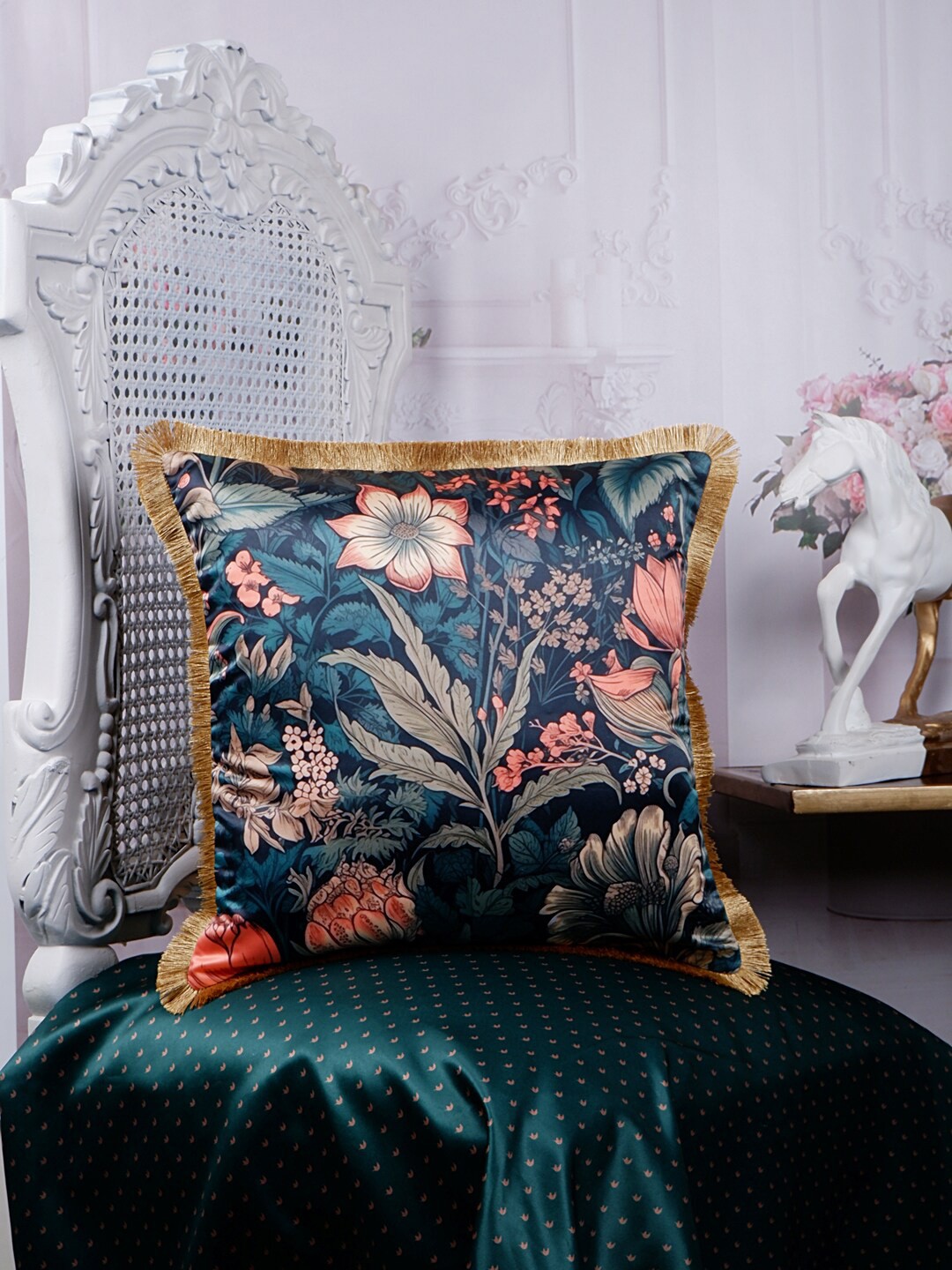 

THE WHITE INK DECOR Eden Blue & Green Floral Satin Square Cushion Cover