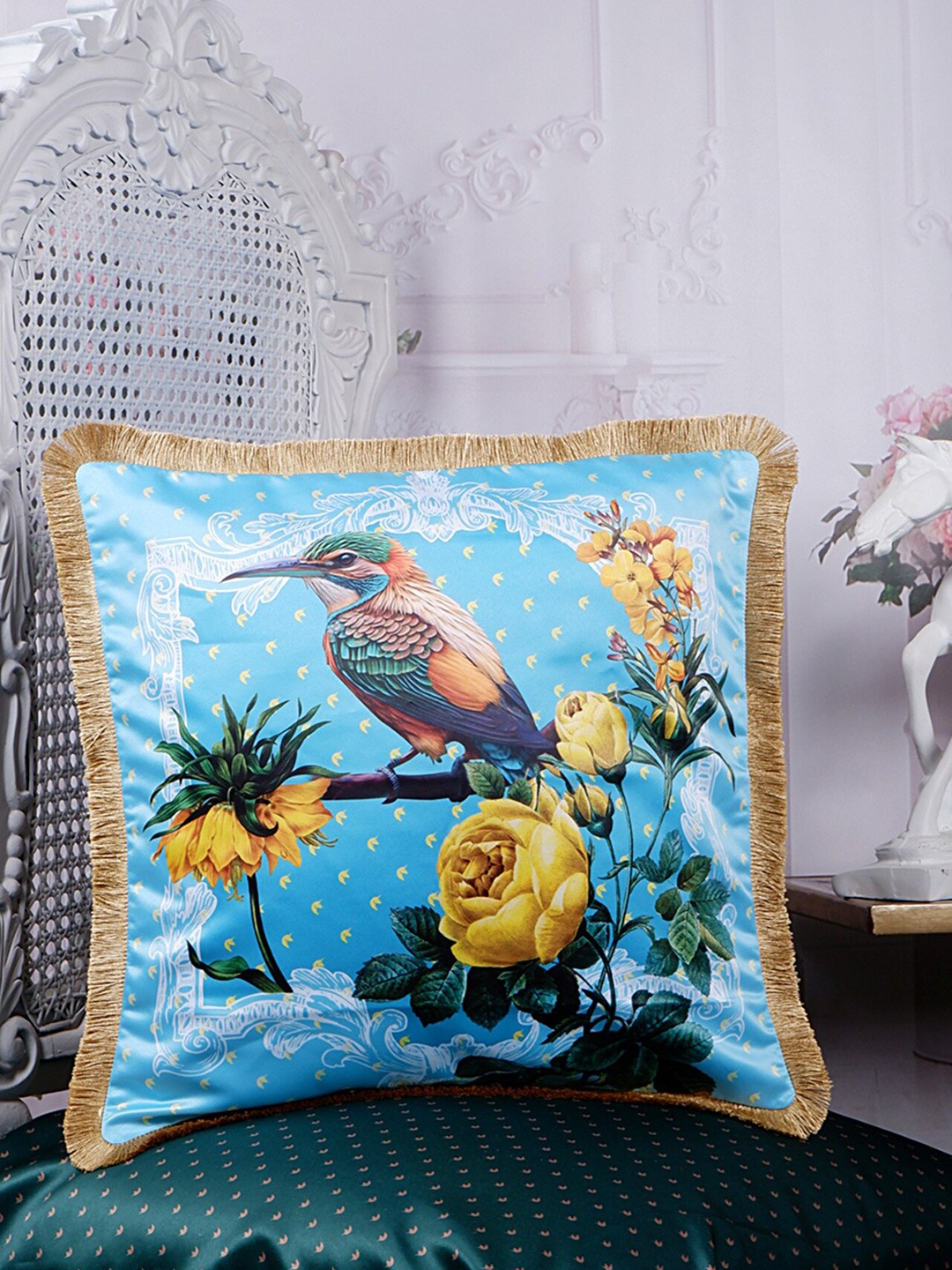 

THE WHITE INK DECOR Blue & Pink Floral Satin Square Cushion Cover