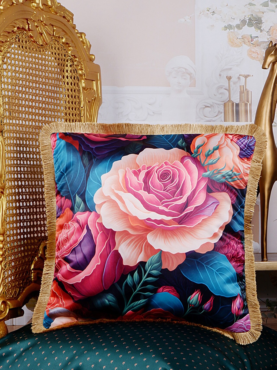 

THE WHITE INK DECOR Eden Blue & Pink Floral Satin Square Cushion Cover