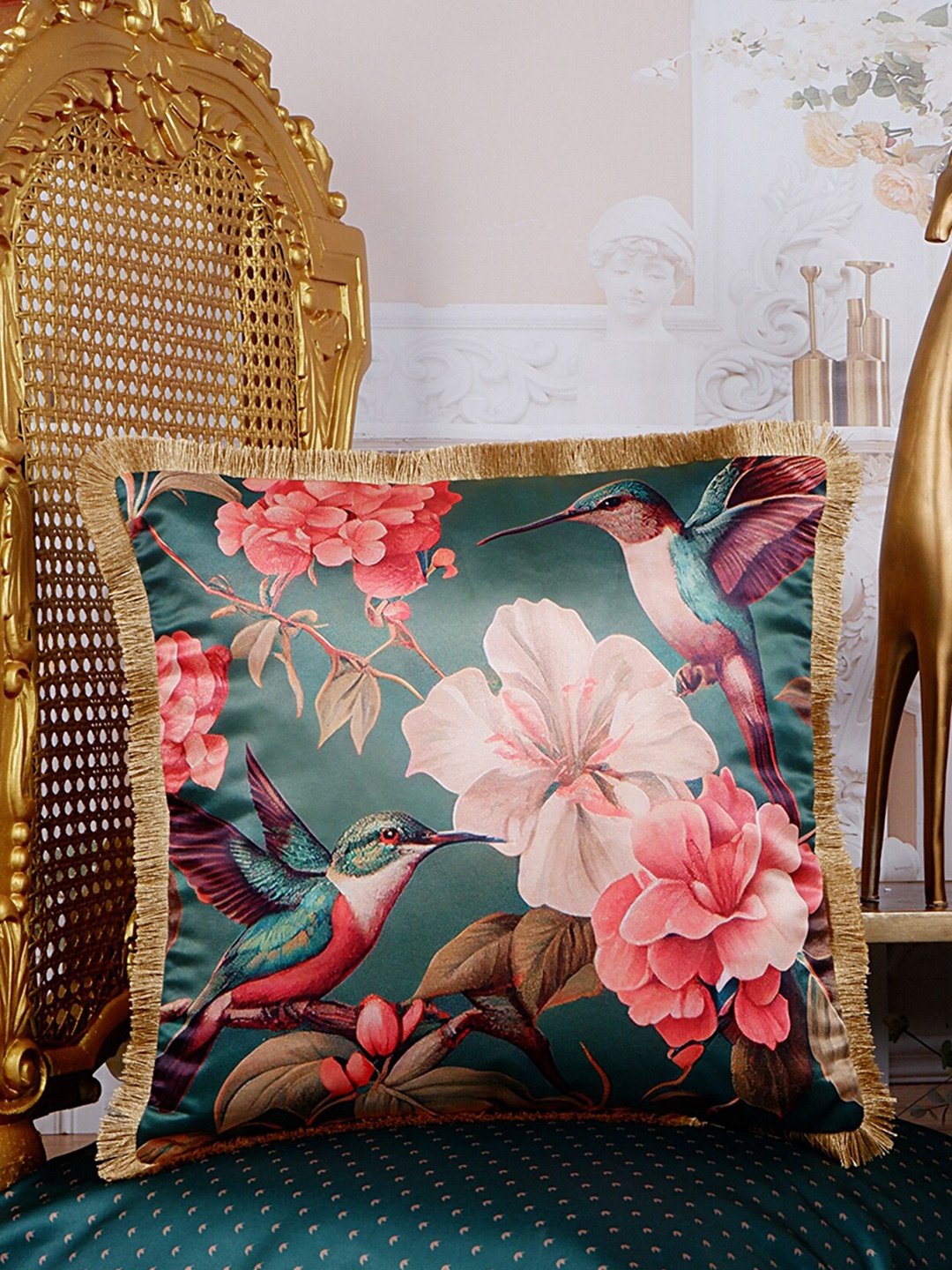 

THE WHITE INK DECOR Tropical Elegance Green & Pink Floral Satin Square Cushion Cover