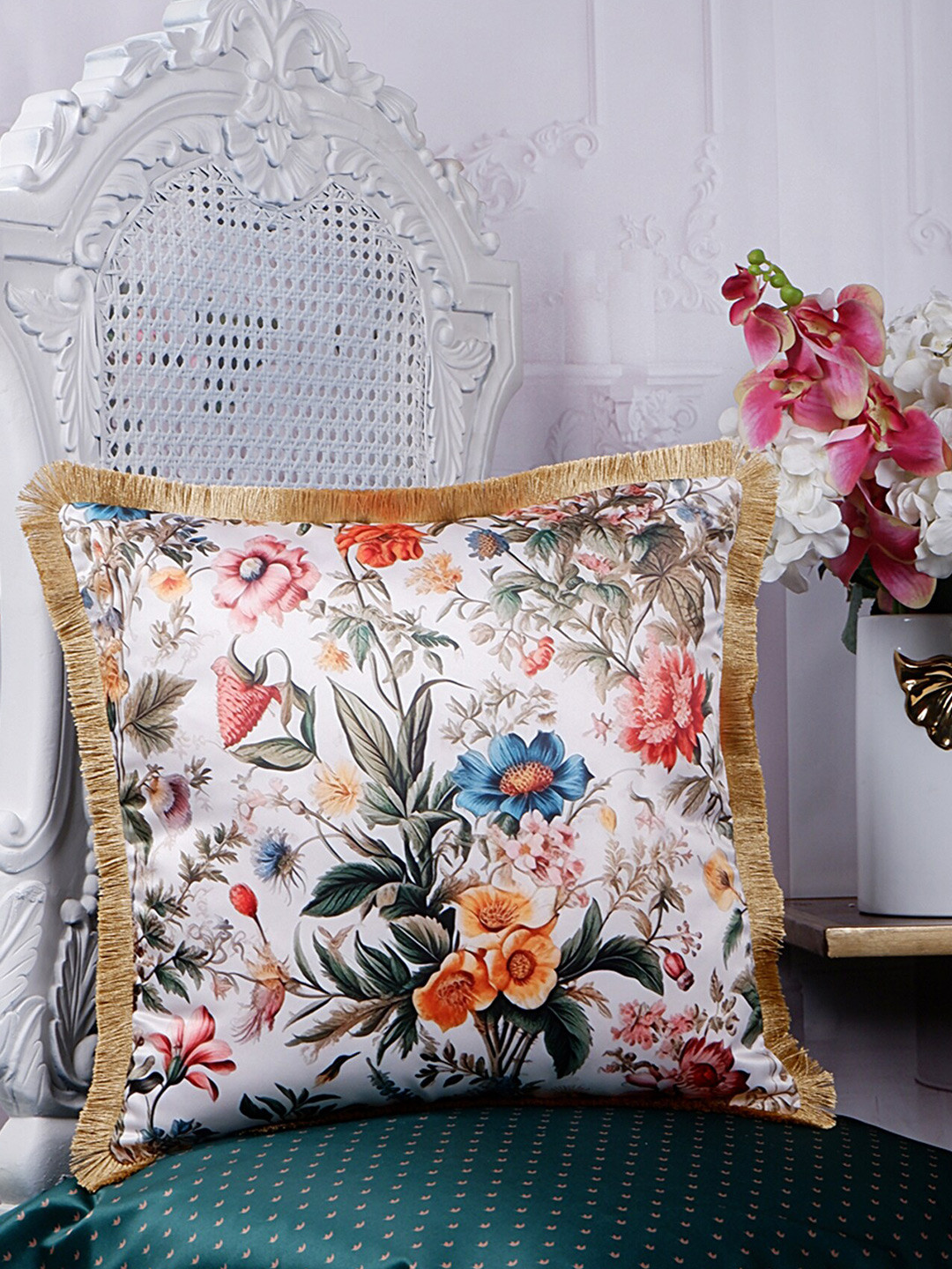 

THE WHITE INK DECOR Eden White & Red Floral Satin Square Cushion Cover