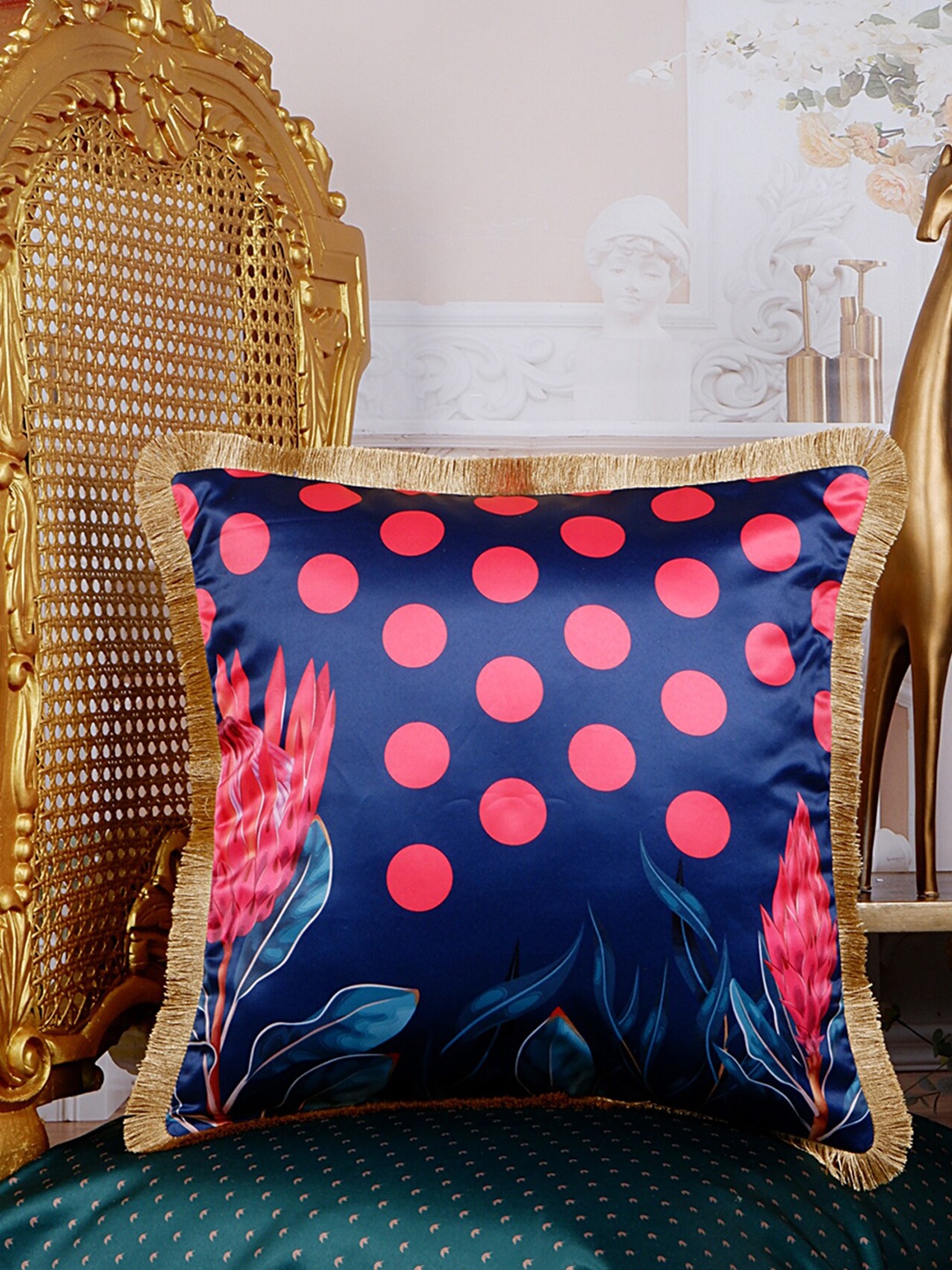 

THE WHITE INK DECOR Blue & Pink Floral Satin Square Cushion Cover