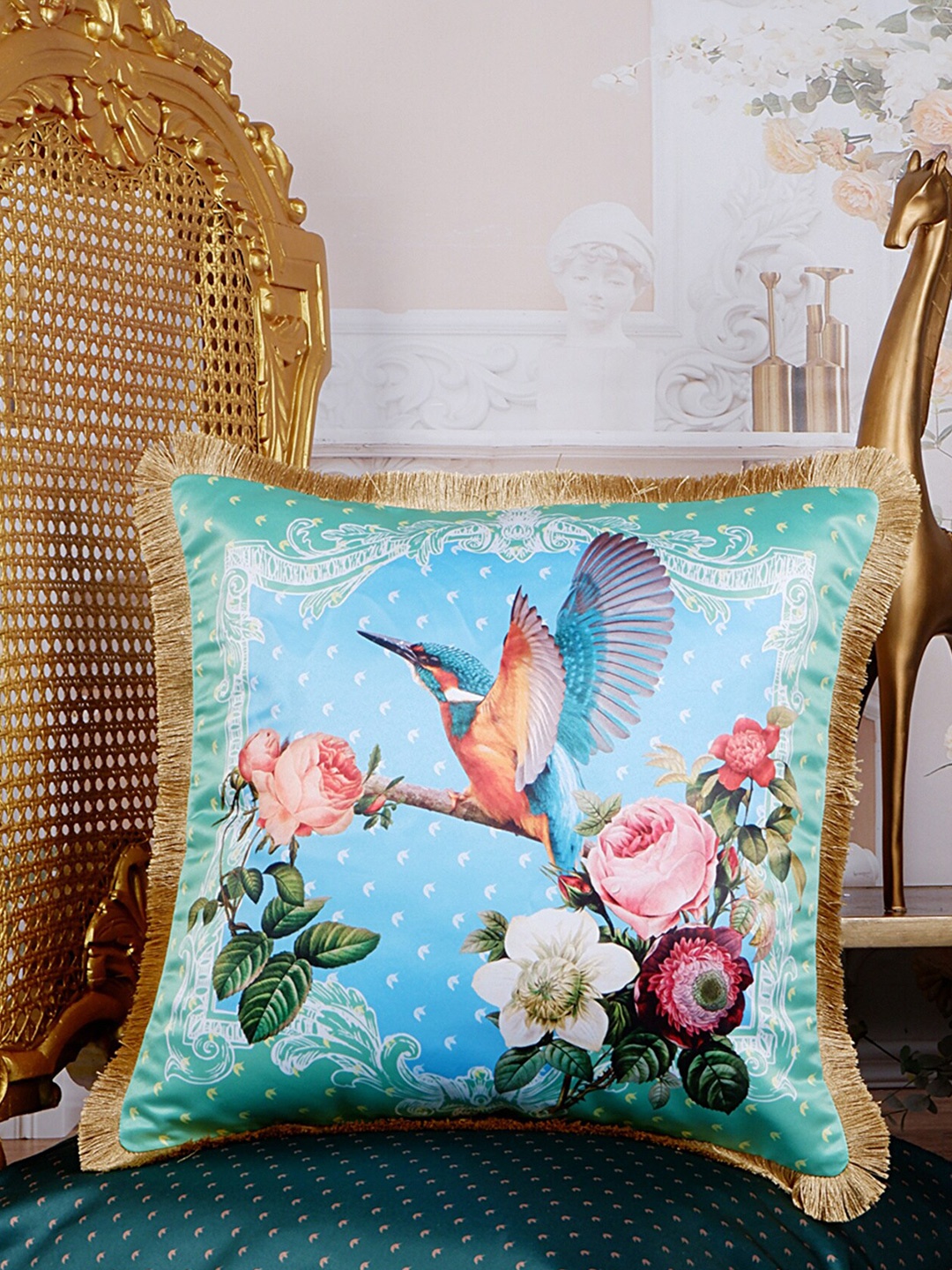 

THE WHITE INK DECOR Tropical Elegance Blue & Green Floral Satin Square Cushion Cover
