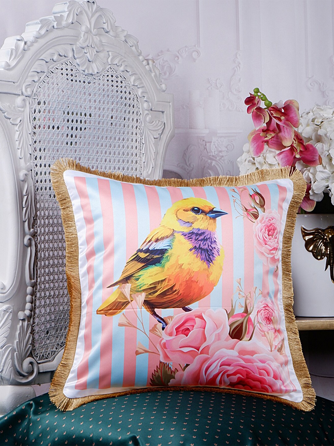 

THE WHITE INK DECOR Brown & Pink Floral Satin Square Cushion Cover