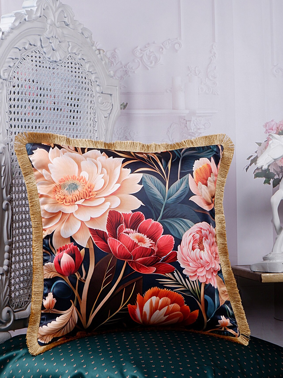 THE WHITE INK DECOR Eden Blue & Pink Floral Satin Square Cushion Cover