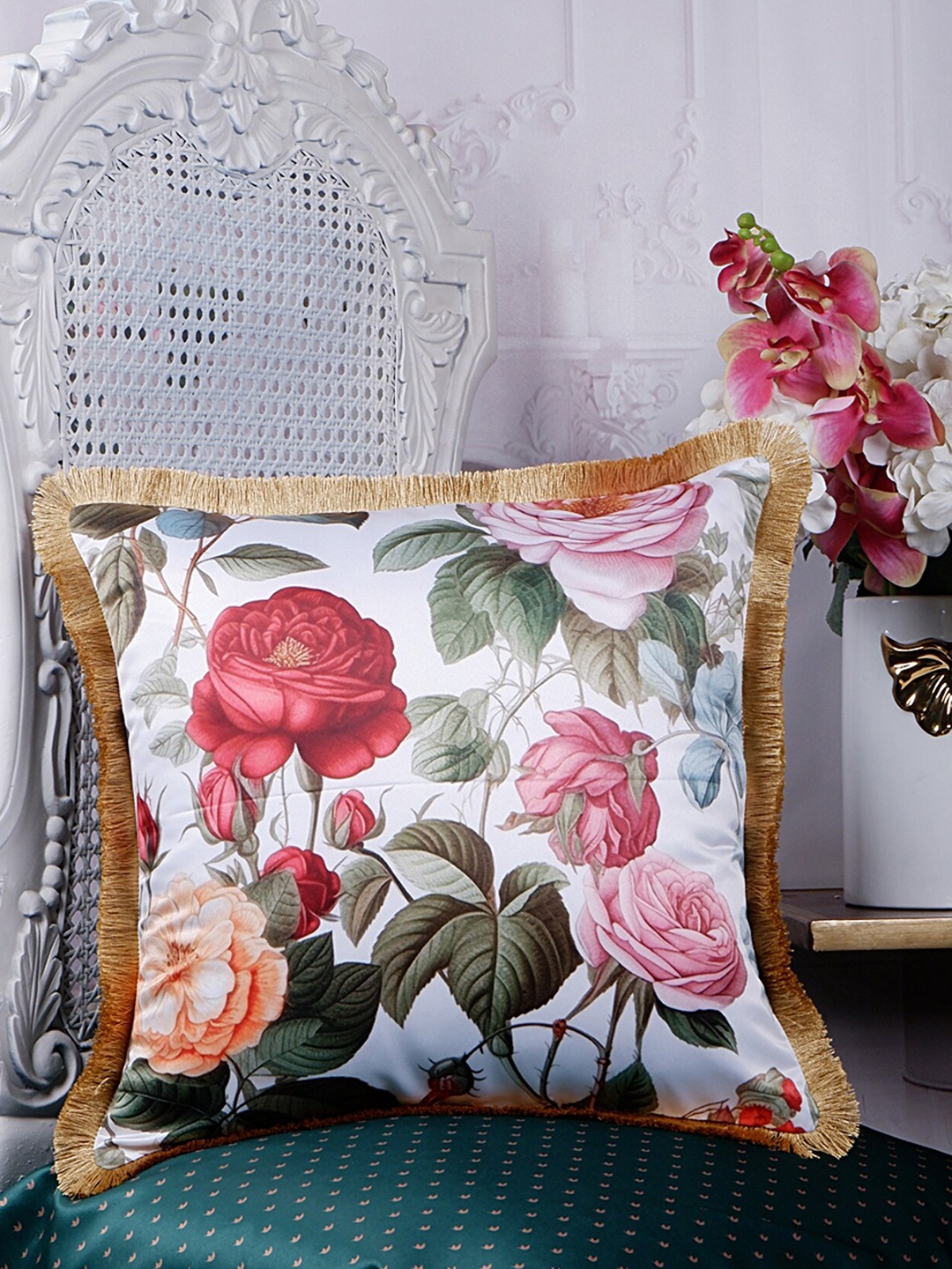 

THE WHITE INK DECOR Eden White & Pink Floral Satin Square Cushion Cover