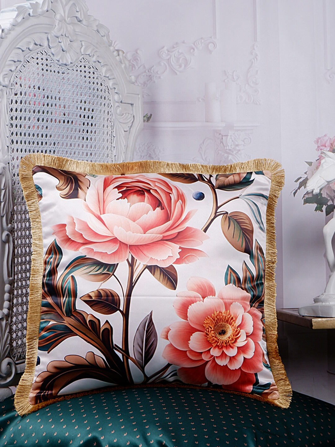 

THE WHITE INK DECOR Eden Brown & White Floral Satin Square Cushion Cover