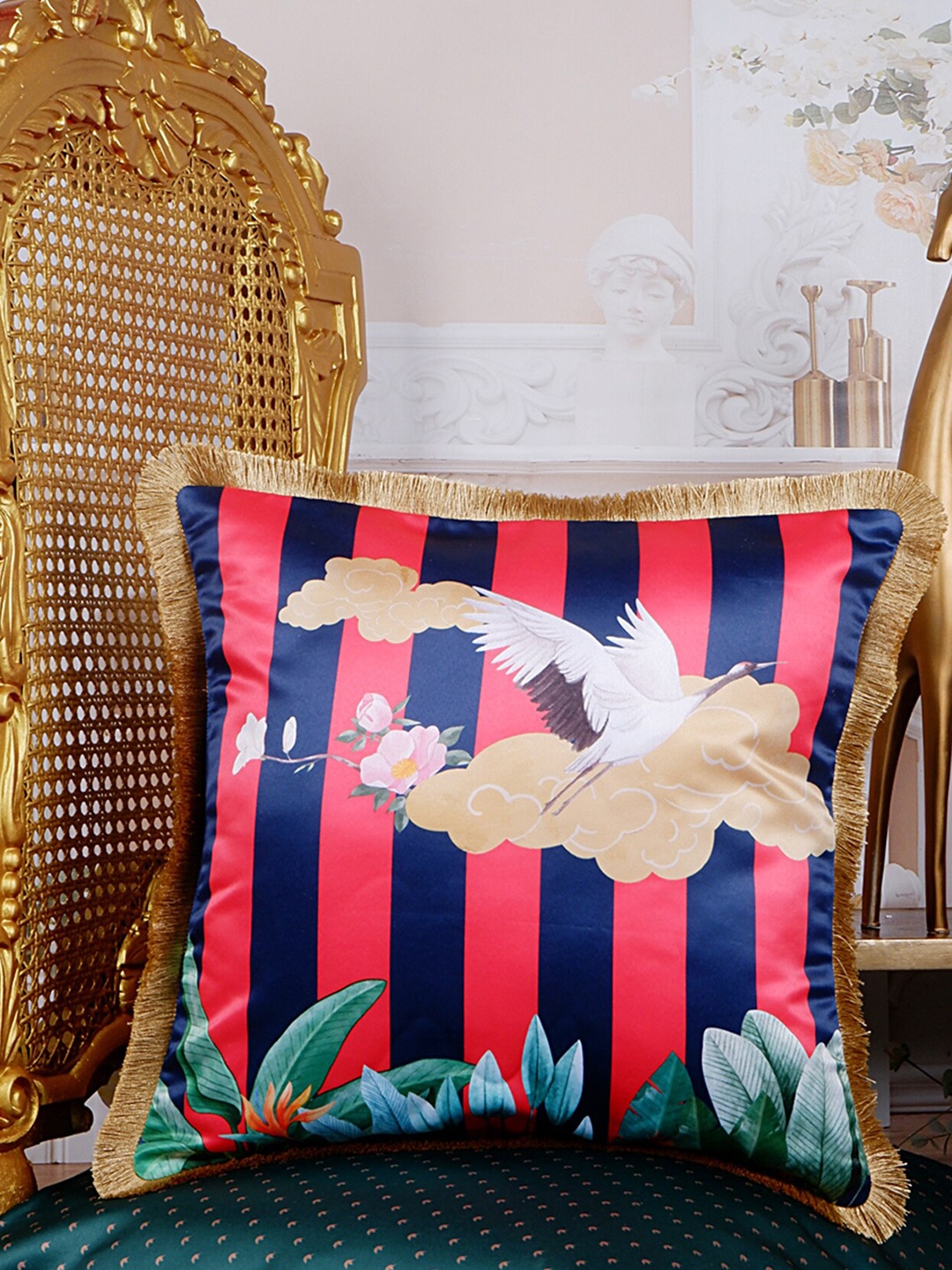 

THE WHITE INK DECOR Tropical Elegance Green & Red Floral Satin Square Cushion Cover