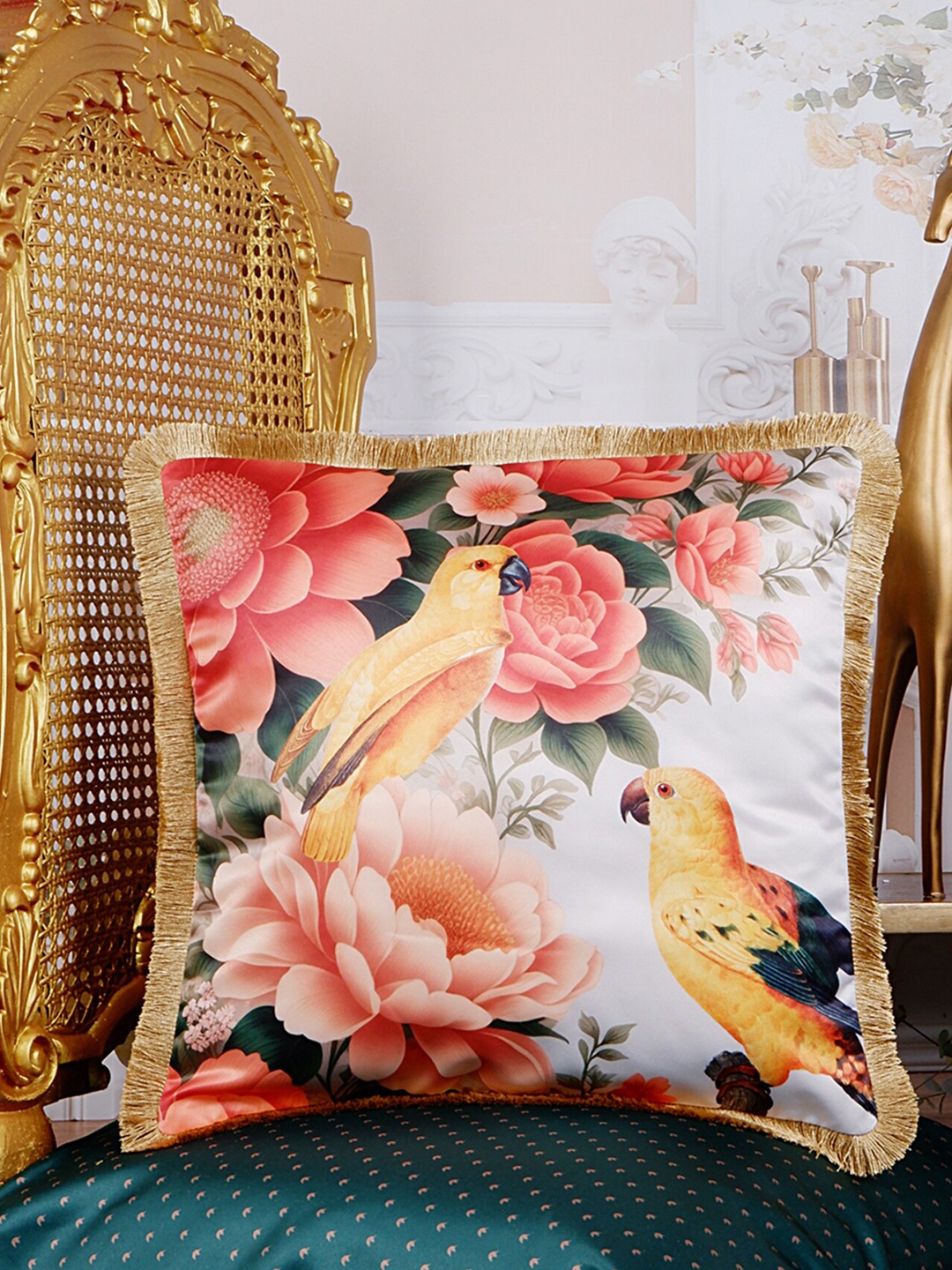 THE WHITE INK DECOR White & Pink Tropical Paradise Satin Square Cushion Cover