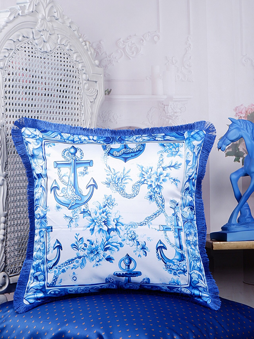 

THE WHITE INK DECOR Indigo Story Blue & White Abstract Satin Square Cushion Cover