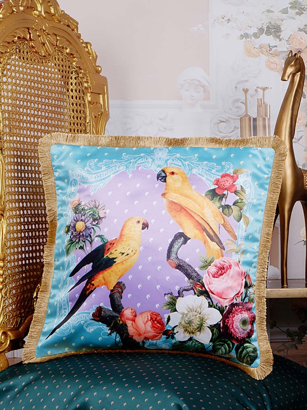 

THE WHITE INK DECOR Tropical Elegance Green & Blue Floral Satin Square Cushion Cover