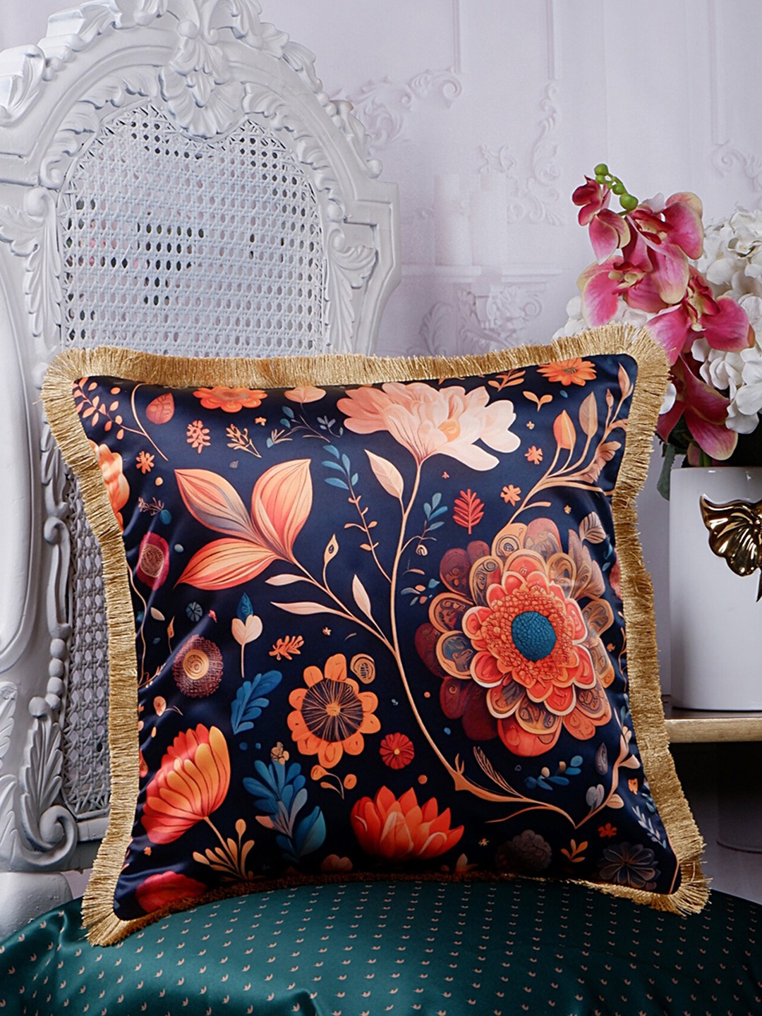 

THE WHITE INK DECOR Eden Brown & Navy Blue Floral Satin Square Cushion Cover