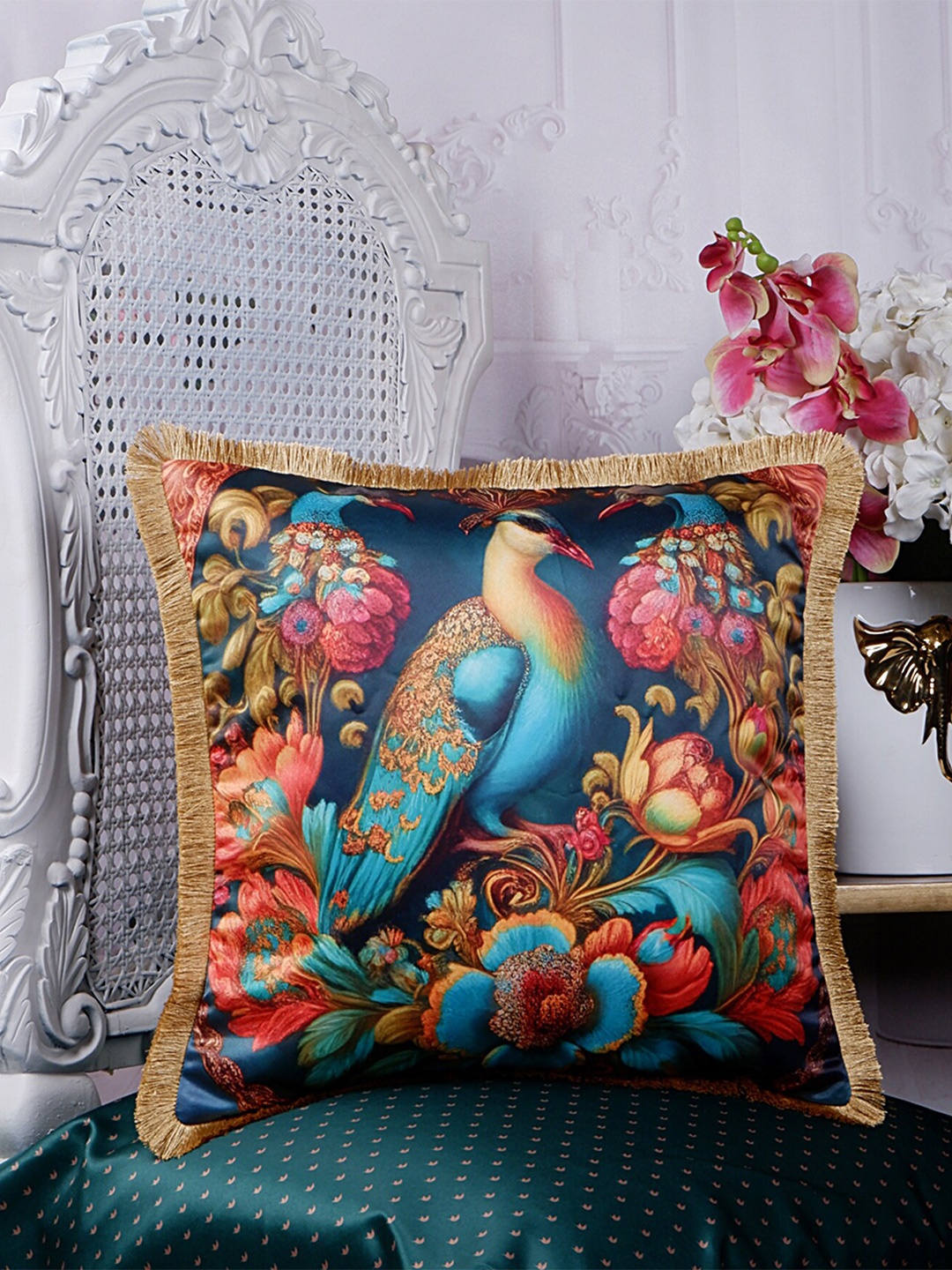 

THE WHITE INK DECOR Tropical Elegance Green & Blue Floral Satin Square Cushion Cover