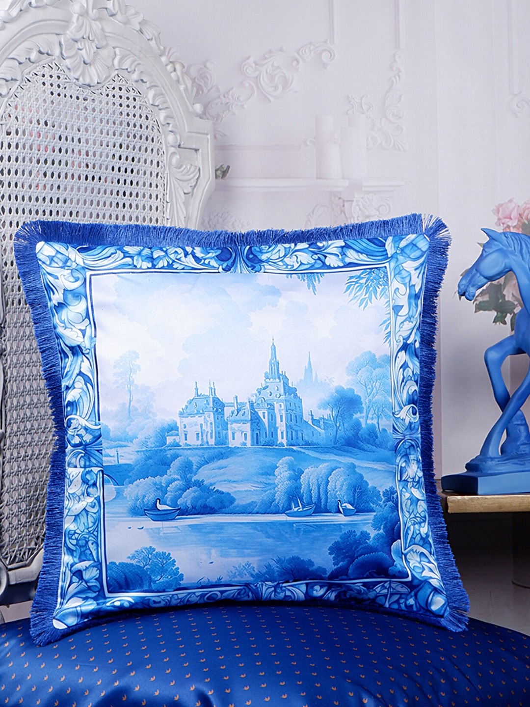 

THE WHITE INK DECOR Indigo Story Blue & White Floral Satin Square Cushion Cover