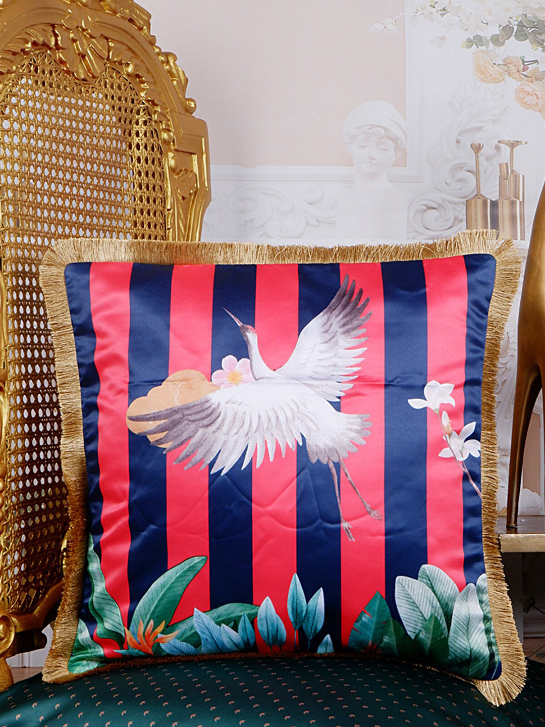 

THE WHITE INK DECOR Tropical Elegance Blue & Pink Quirky Satin Square Cushion Cover