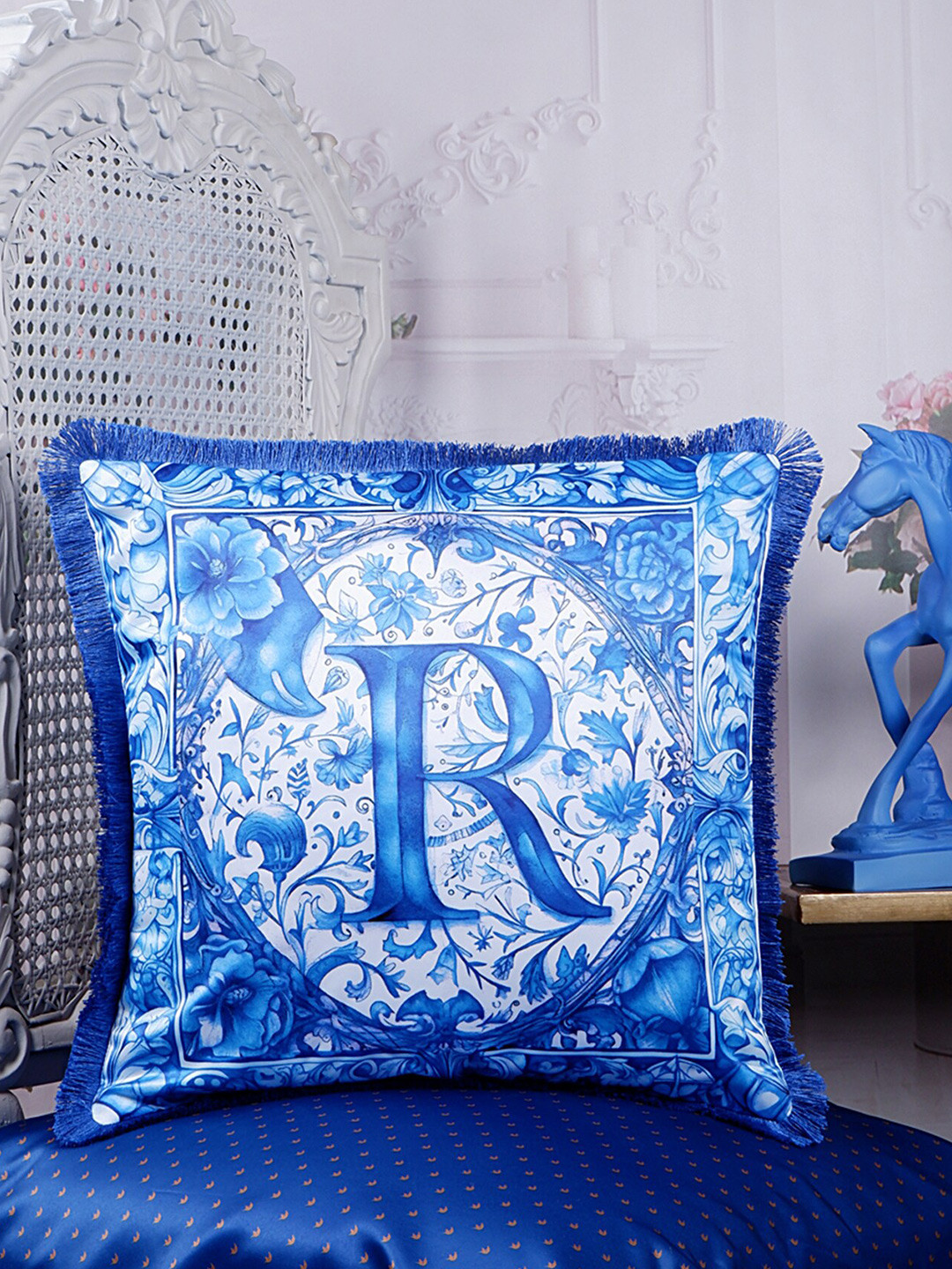 

THE WHITE INK DECOR Indigo Story Blue & White Floral Satin Square Cushion Cover