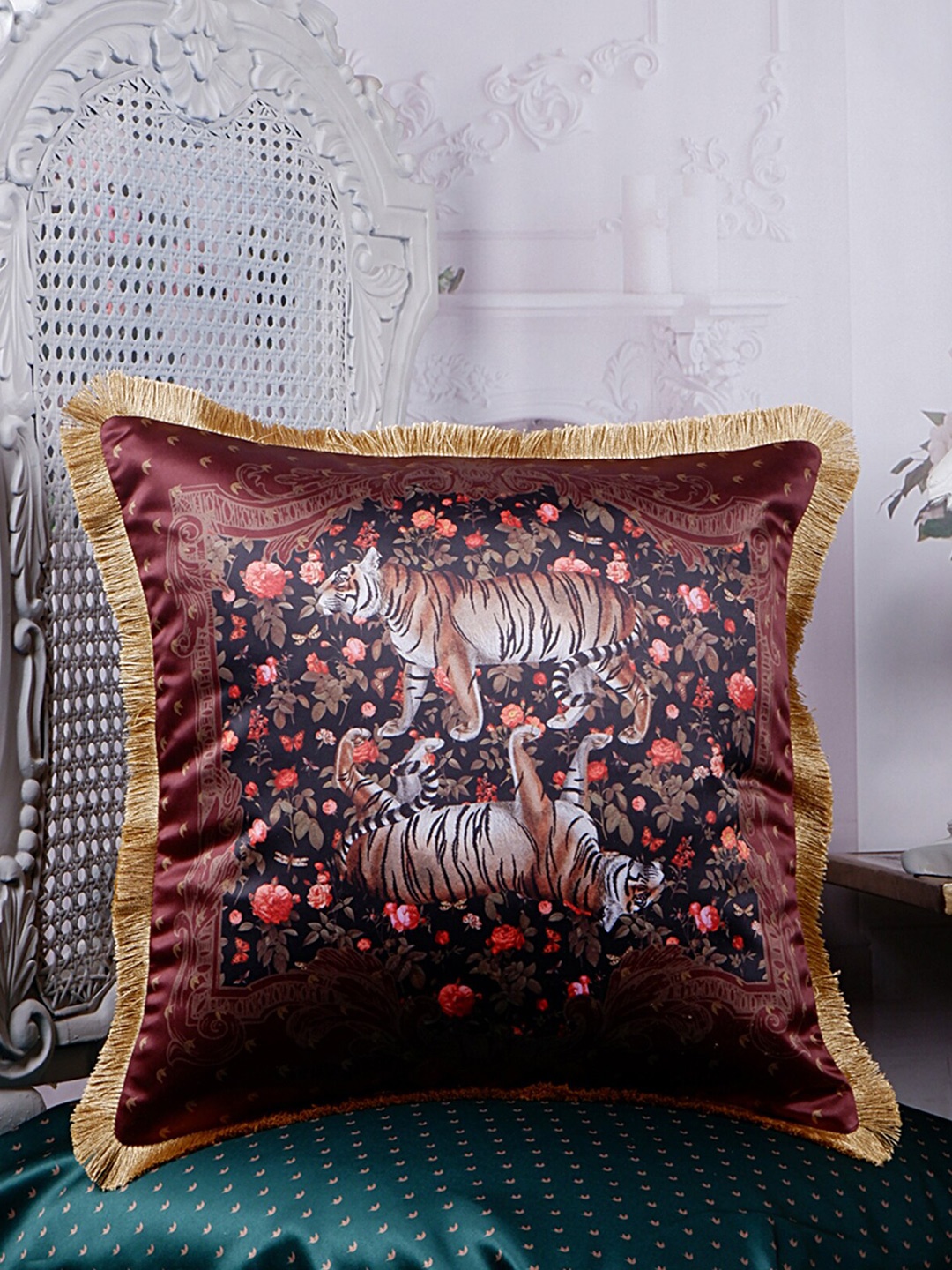 

THE WHITE INK DECOR Royale Brown & Pink Quirky Satin Square Cushion Cover
