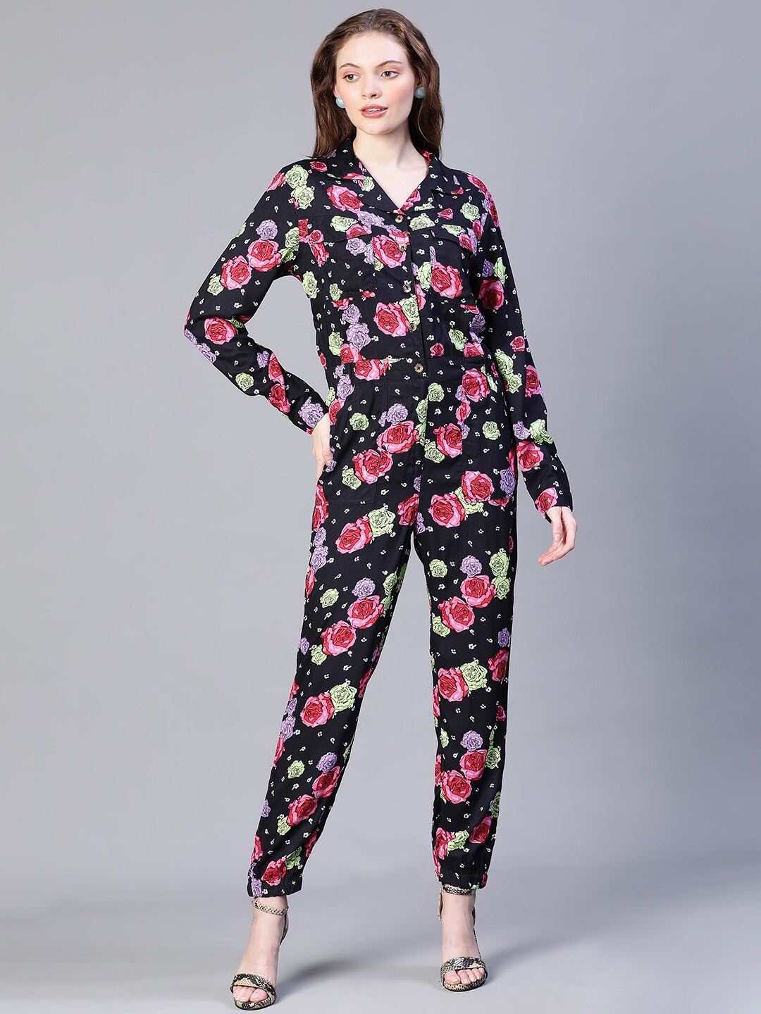 

Oxolloxo Floral Printed V-Neck Basic Jumpsuit, Black