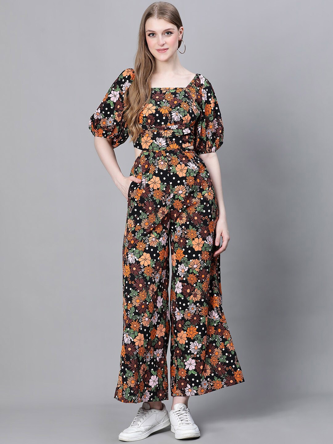 

Oxolloxo Floral Printed Square Neck Basic Jumpsuit, Black