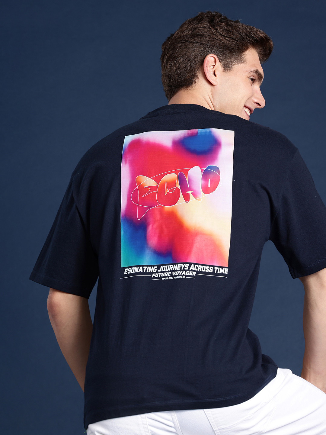 

Mast & Harbour Men Graphic Printed Drop-Shoulder Sleeves Pure Cotton T-shirt, Navy blue
