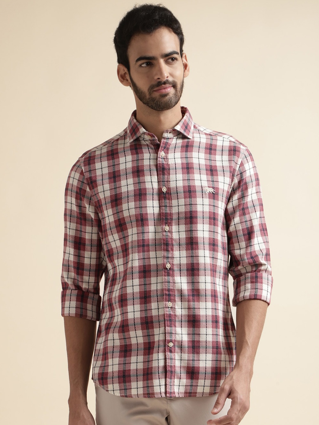 

Andamen Premium Slim Fit Tartan Checked Twill Weave Cotton Casual Shirt, Red