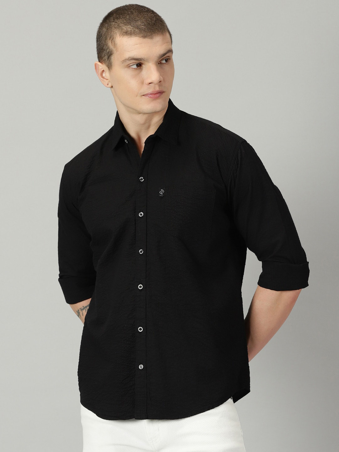 

Rodzen Standard Striped Cotton Casual Shirt, Black